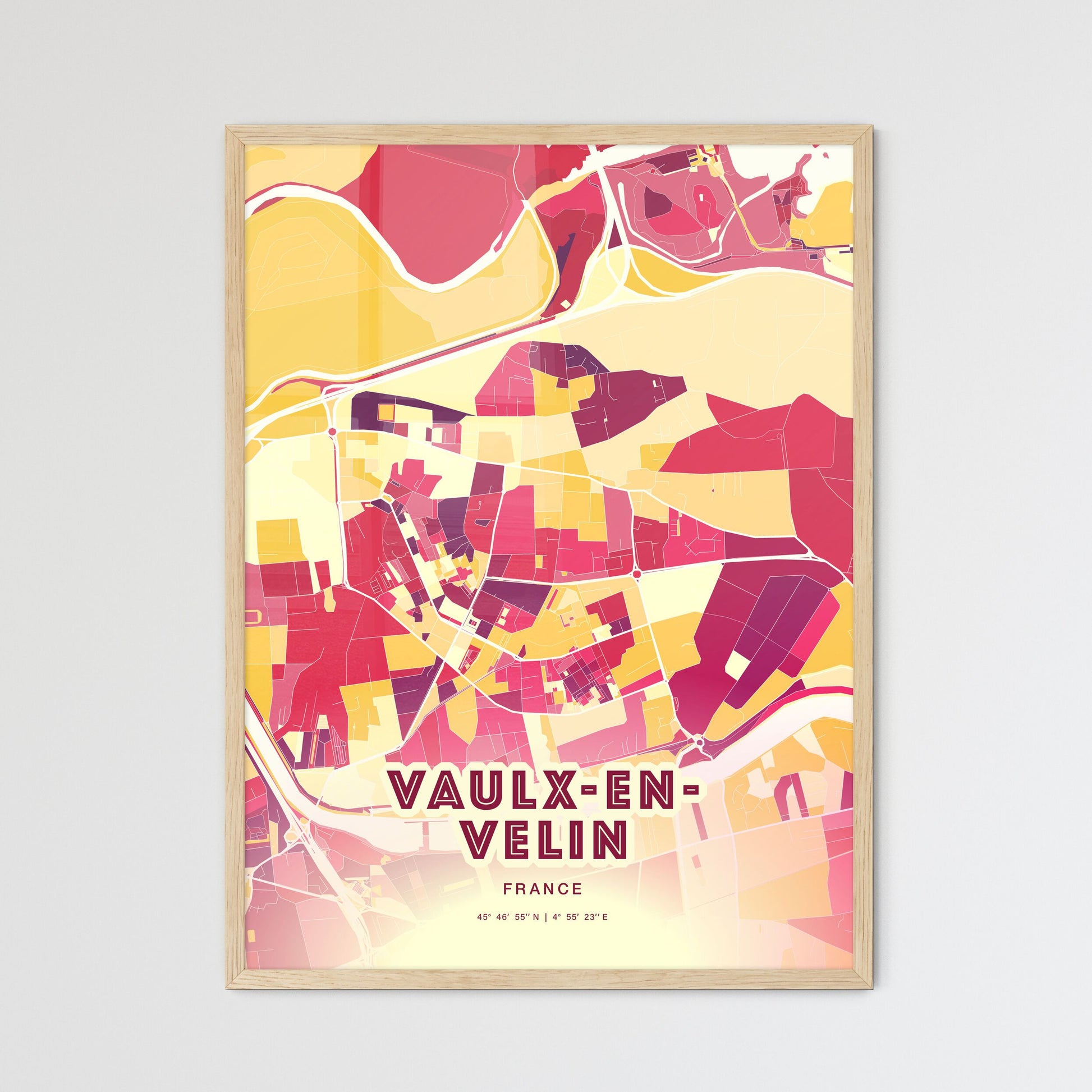 Colorful VAULX-EN-VELIN FRANCE Fine Art Map Hot Red