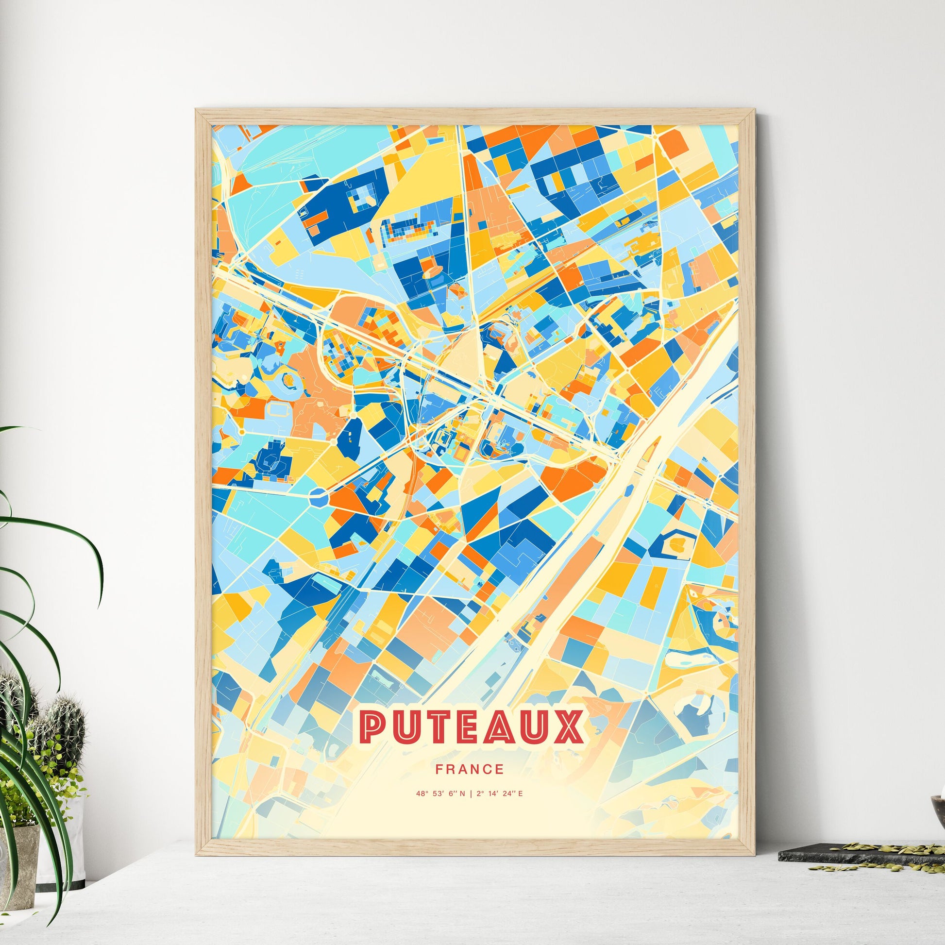 Colorful PUTEAUX FRANCE Fine Art Map Blue Orange