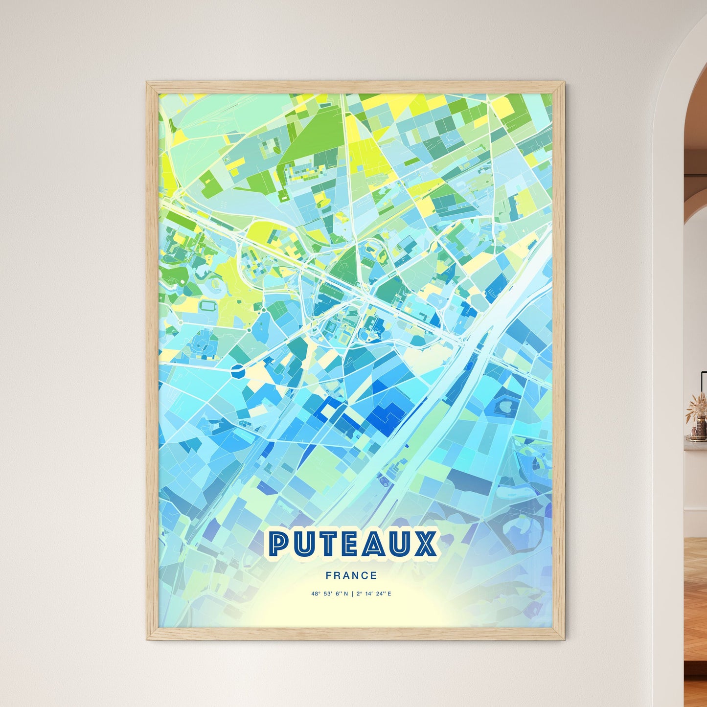 Colorful PUTEAUX FRANCE Fine Art Map Cool Blue