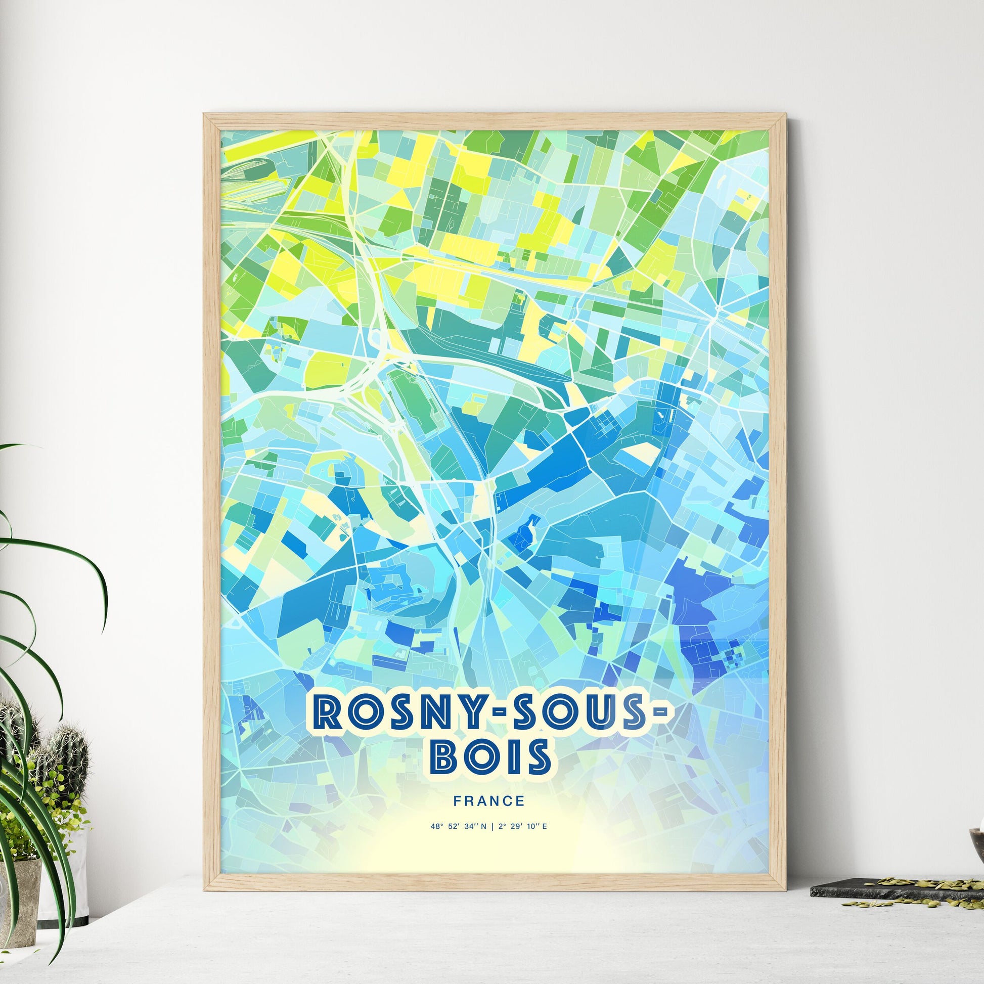 Colorful ROSNY-SOUS-BOIS FRANCE Fine Art Map Cool Blue