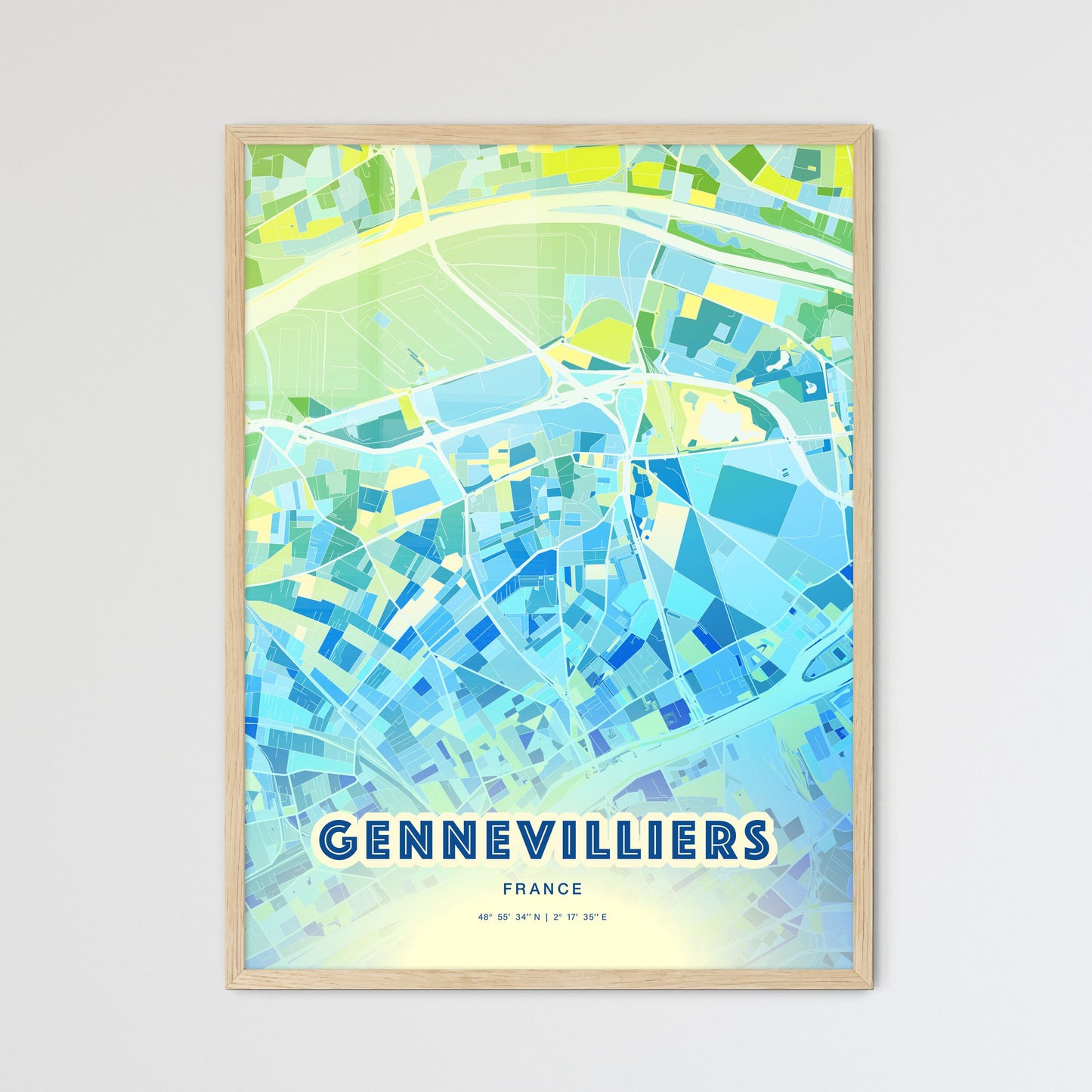 Colorful GENNEVILLIERS FRANCE Fine Art Map Cool Blue