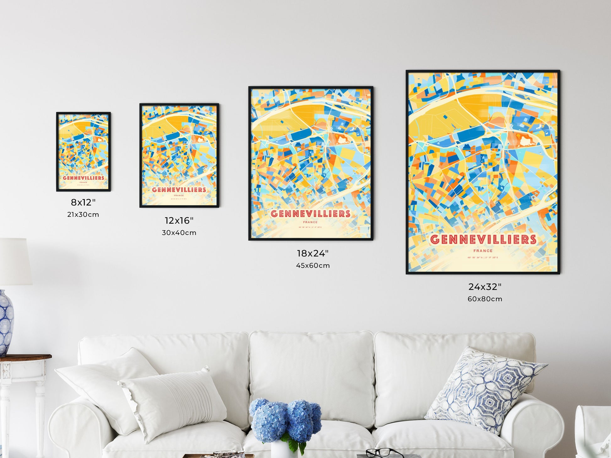 Colorful GENNEVILLIERS FRANCE Fine Art Map Blue Orange