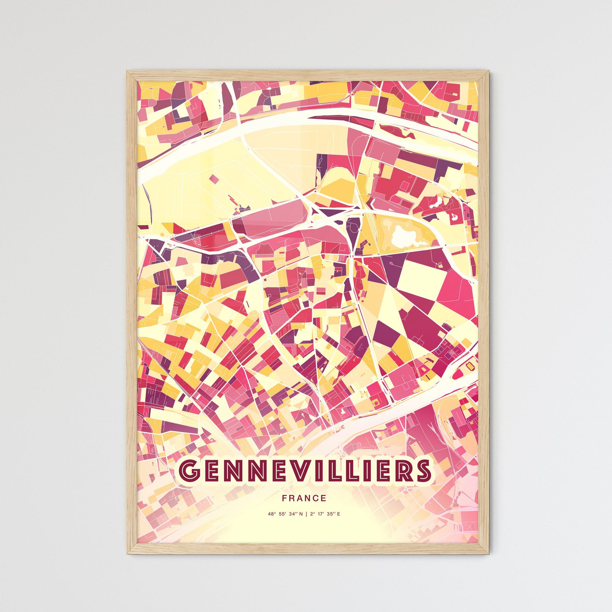 Colorful GENNEVILLIERS FRANCE Fine Art Map Hot Red