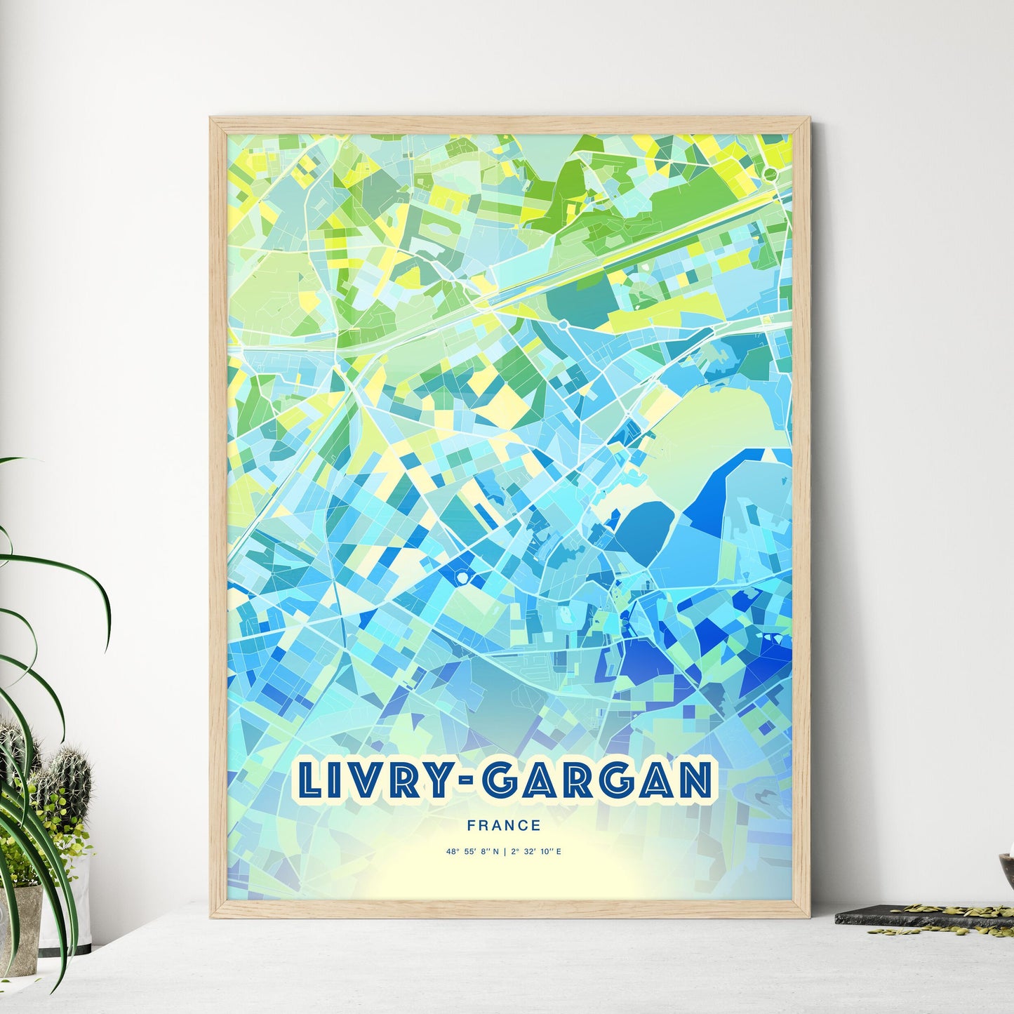 Colorful LIVRY-GARGAN FRANCE Fine Art Map Cool Blue