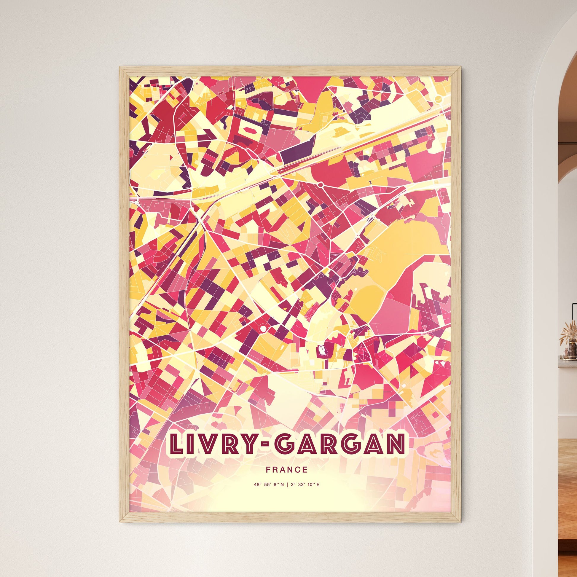 Colorful LIVRY-GARGAN FRANCE Fine Art Map Hot Red