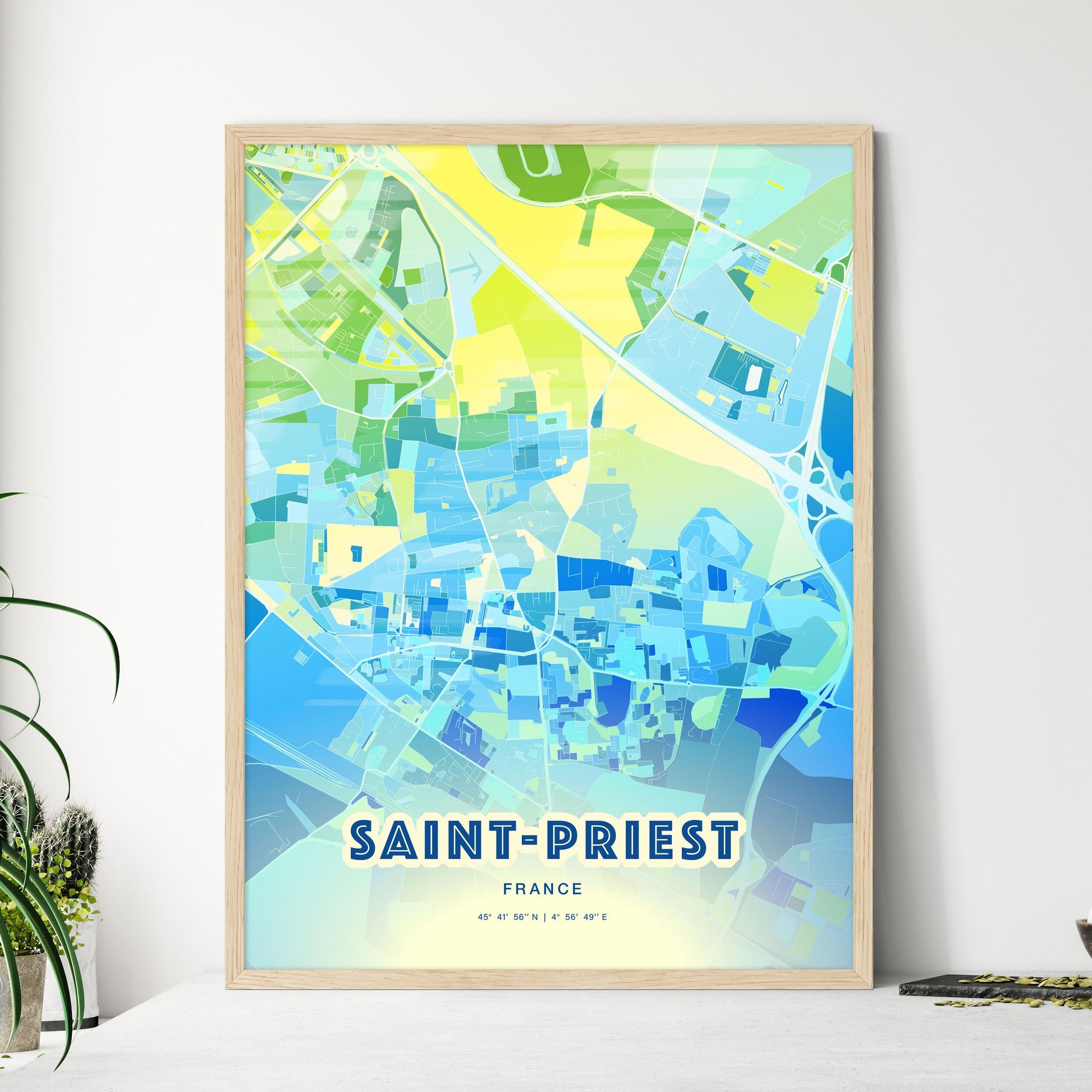 Colorful SAINT-PRIEST FRANCE Fine Art Map Cool Blue