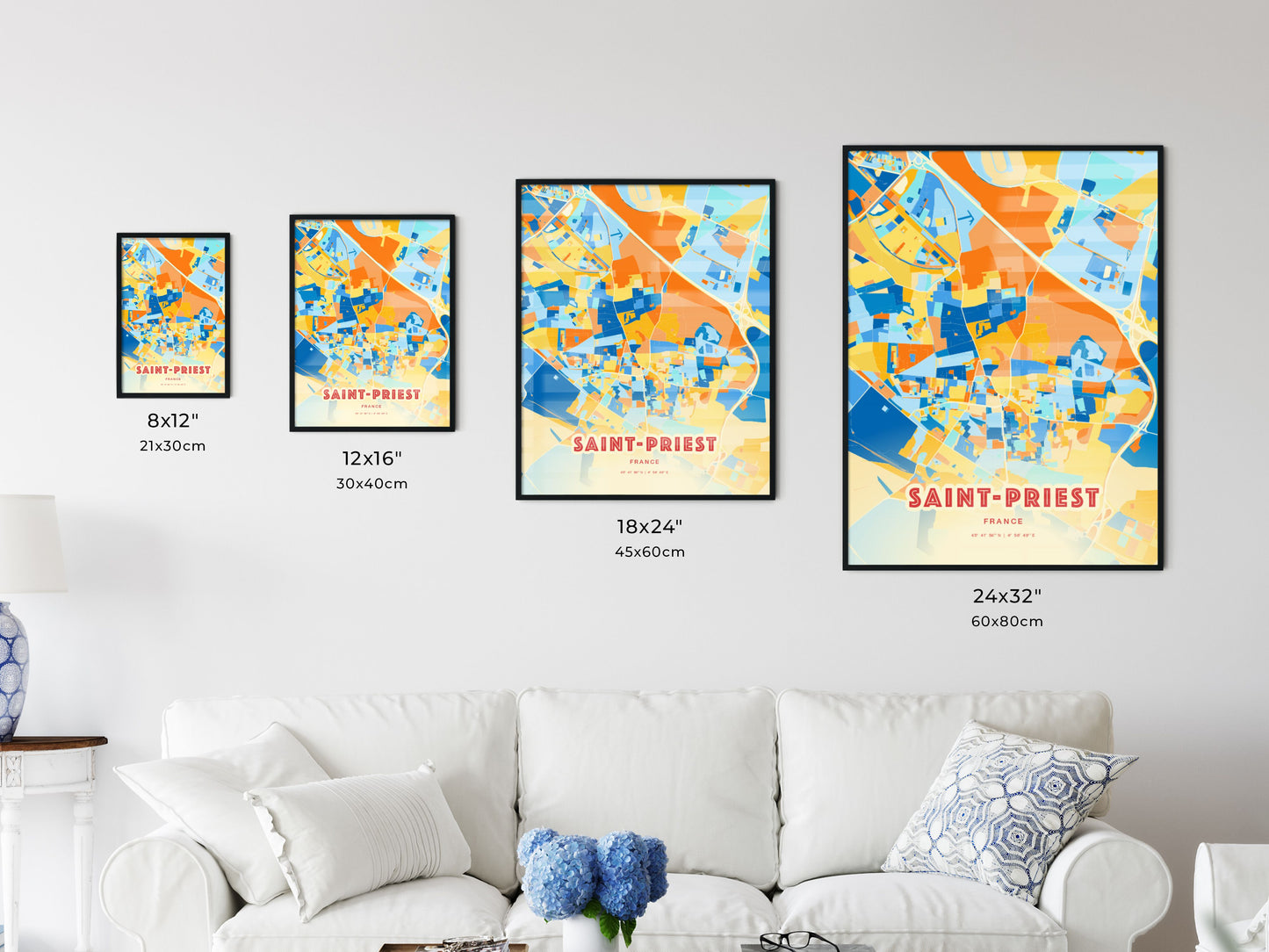 Colorful SAINT-PRIEST FRANCE Fine Art Map Blue Orange