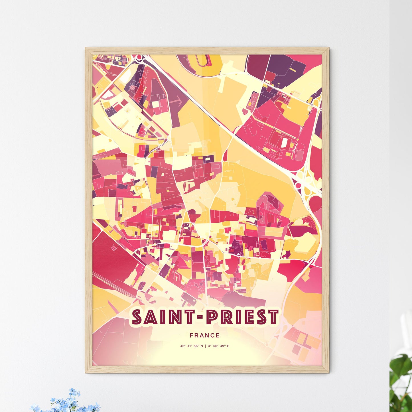 Colorful SAINT-PRIEST FRANCE Fine Art Map Hot Red