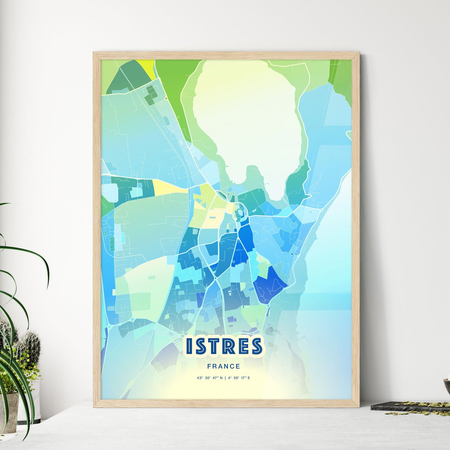 Colorful ISTRES FRANCE Fine Art Map Cool Blue