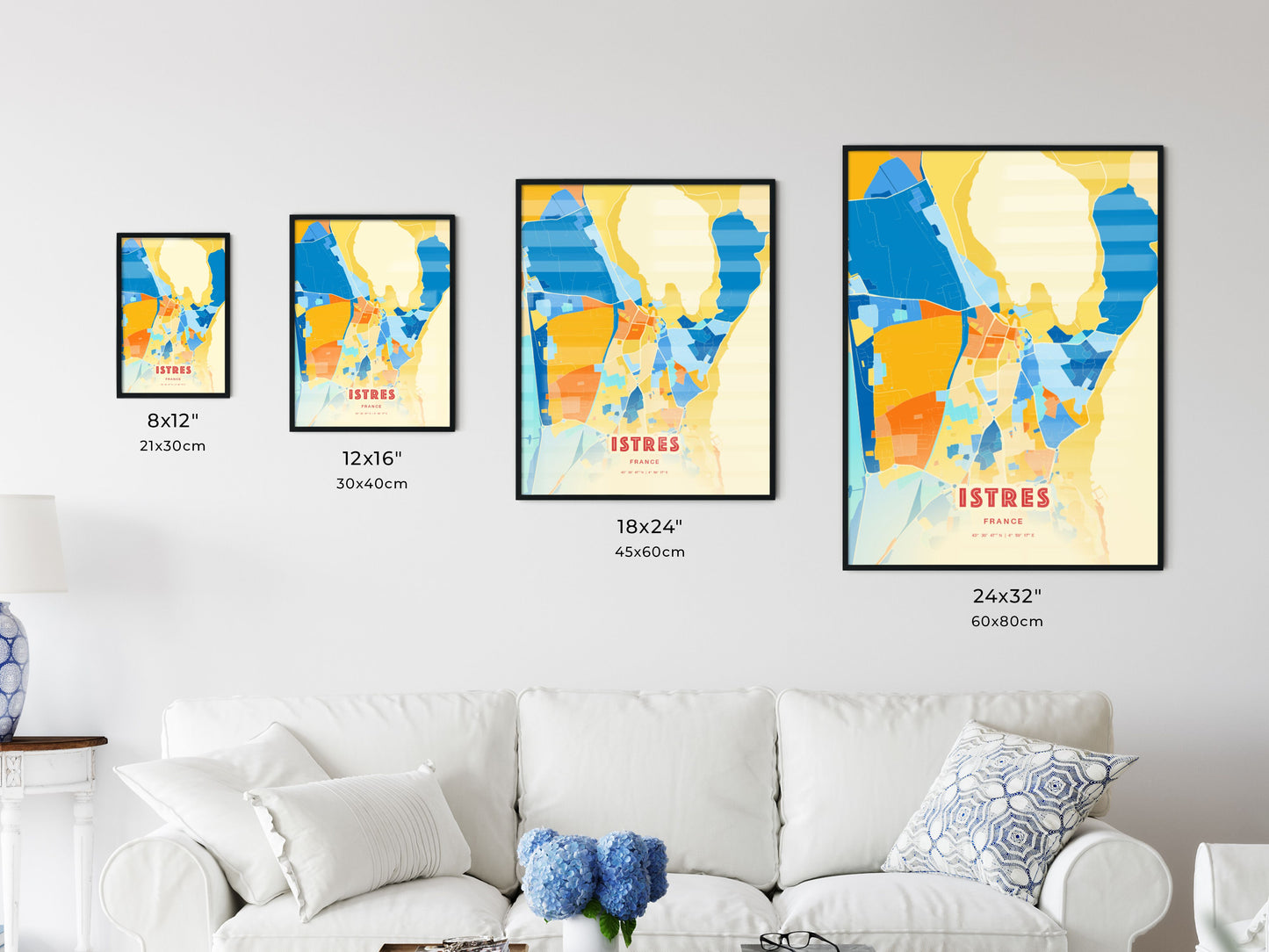 Colorful ISTRES FRANCE Fine Art Map Blue Orange