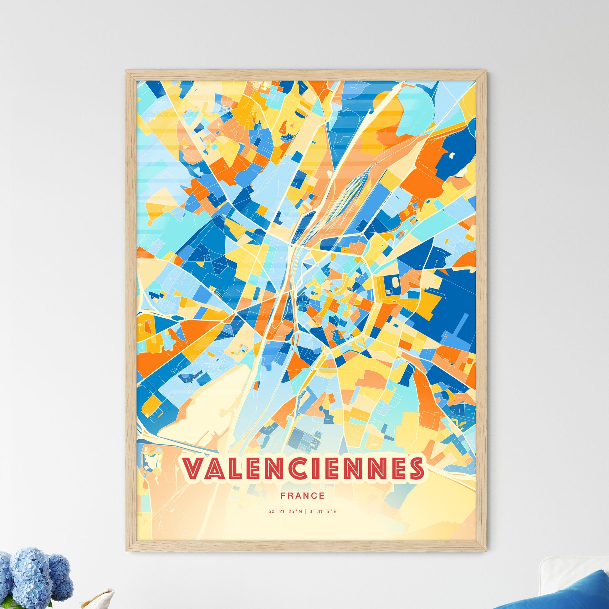 Colorful VALENCIENNES FRANCE Fine Art Map Blue Orange