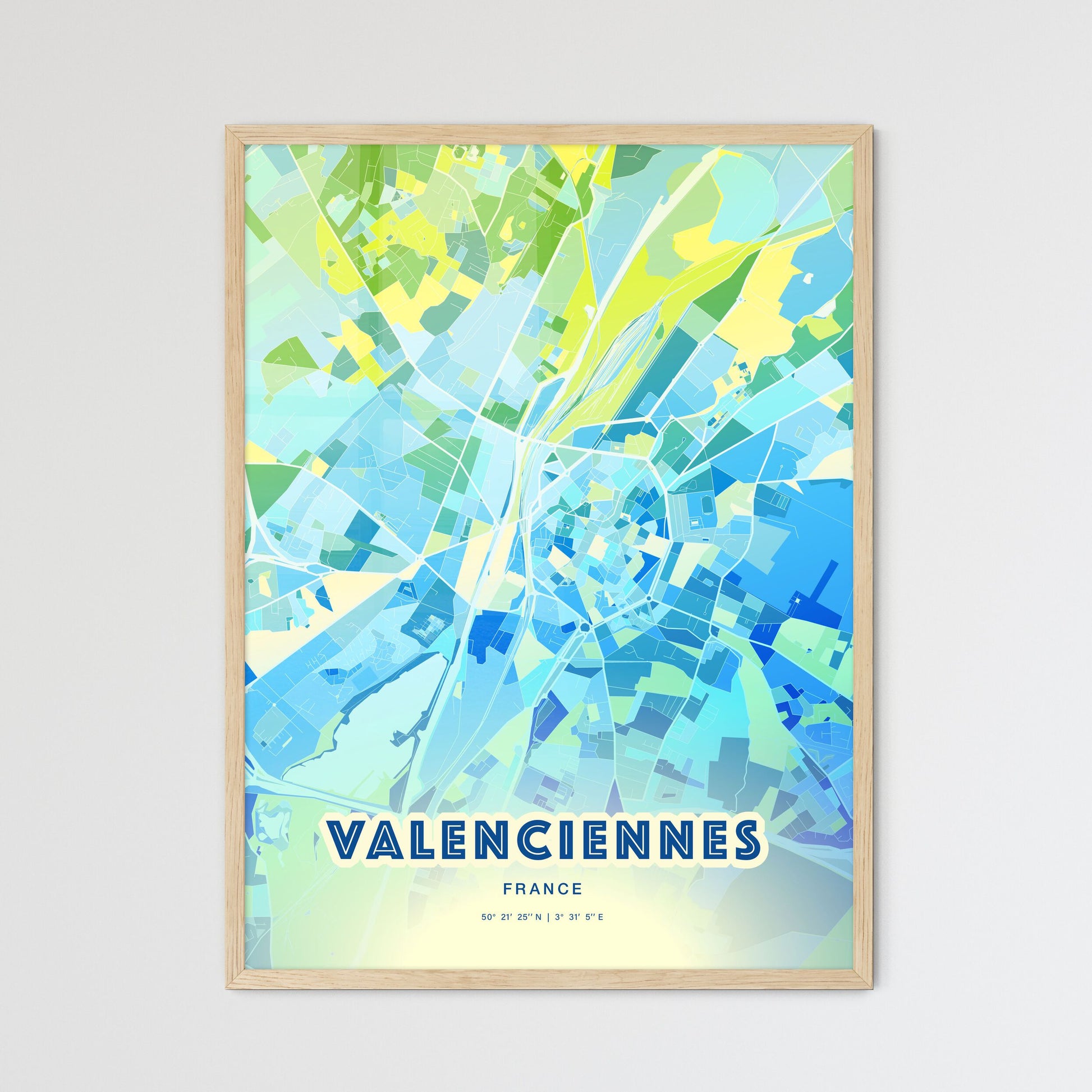 Colorful VALENCIENNES FRANCE Fine Art Map Cool Blue