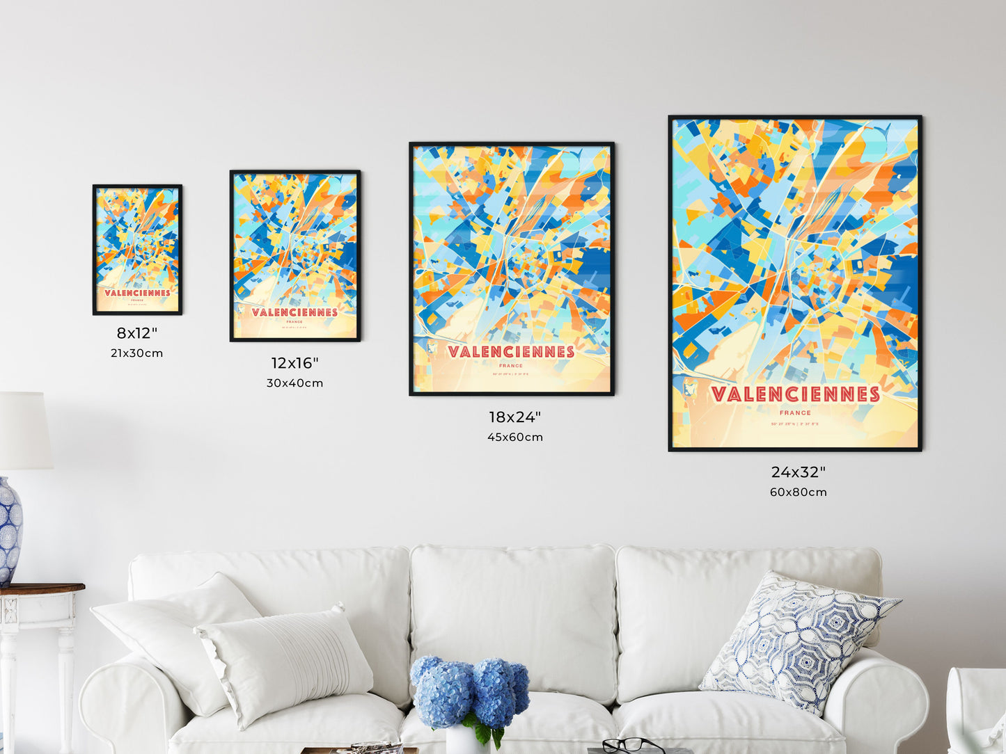 Colorful VALENCIENNES FRANCE Fine Art Map Blue Orange