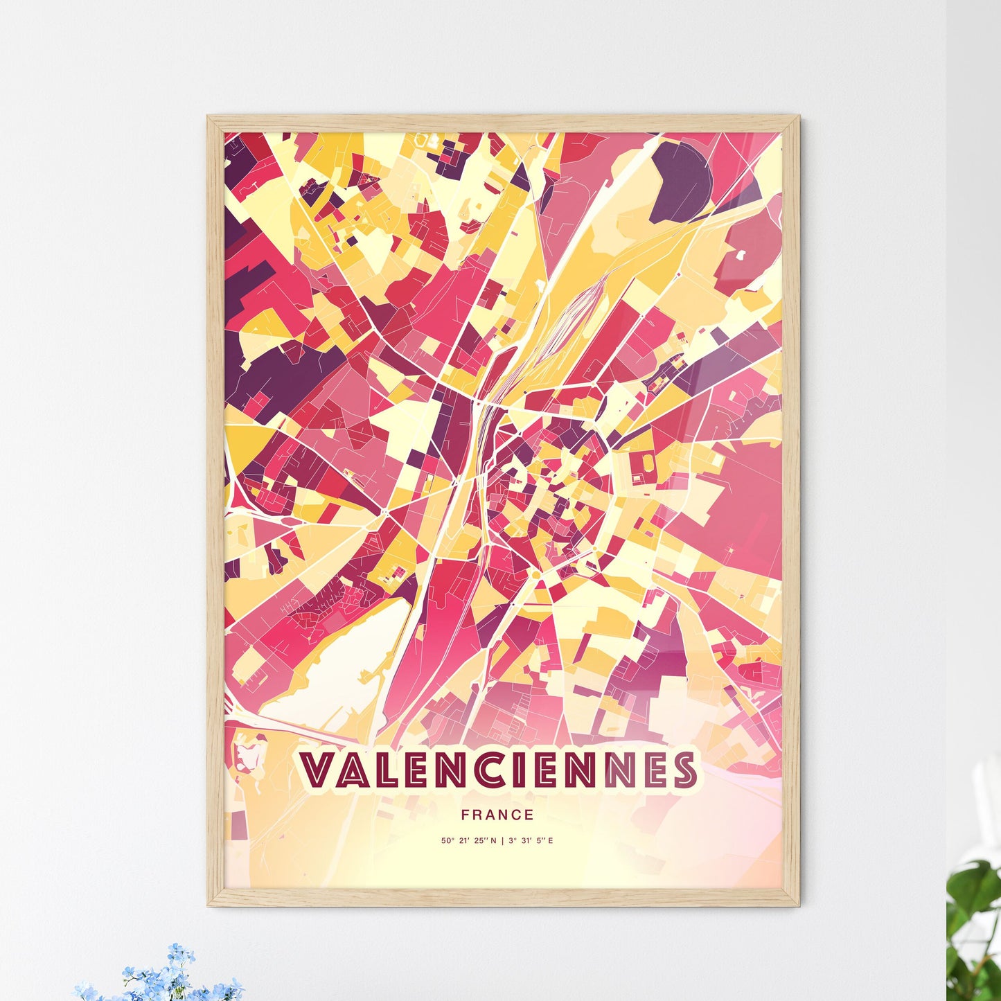 Colorful VALENCIENNES FRANCE Fine Art Map Hot Red