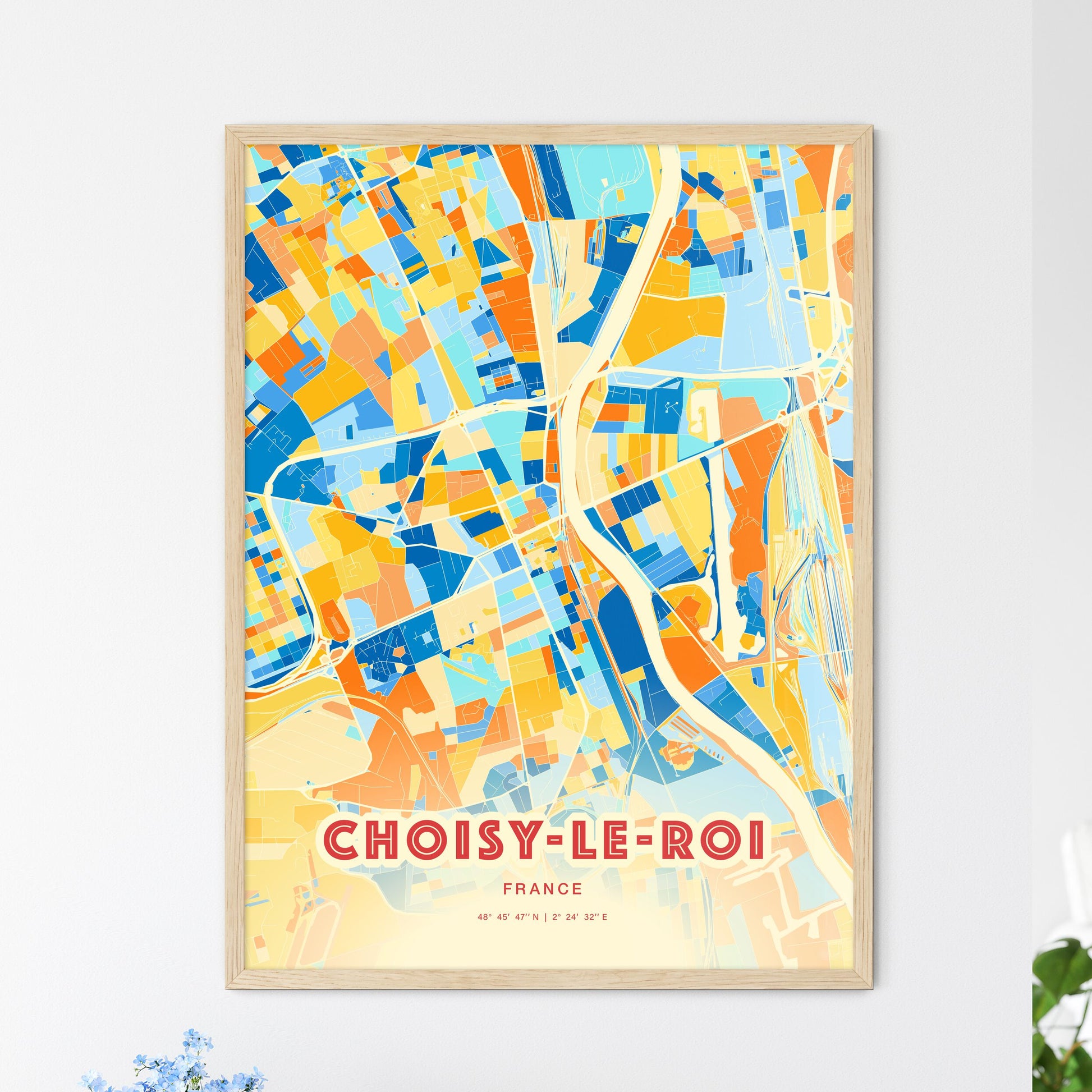 Colorful CHOISY-LE-ROI FRANCE Fine Art Map Blue Orange