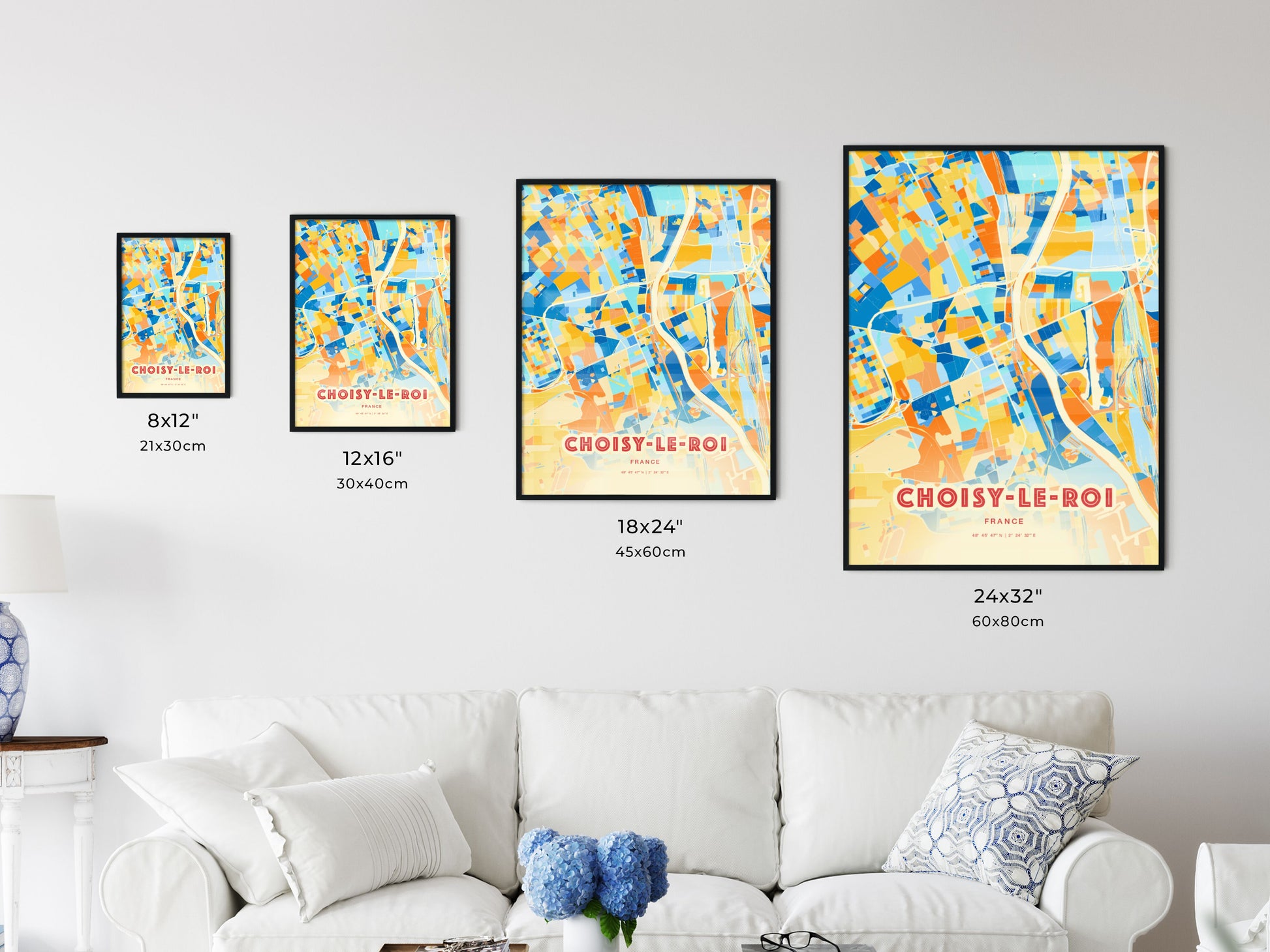 Colorful CHOISY-LE-ROI FRANCE Fine Art Map Blue Orange