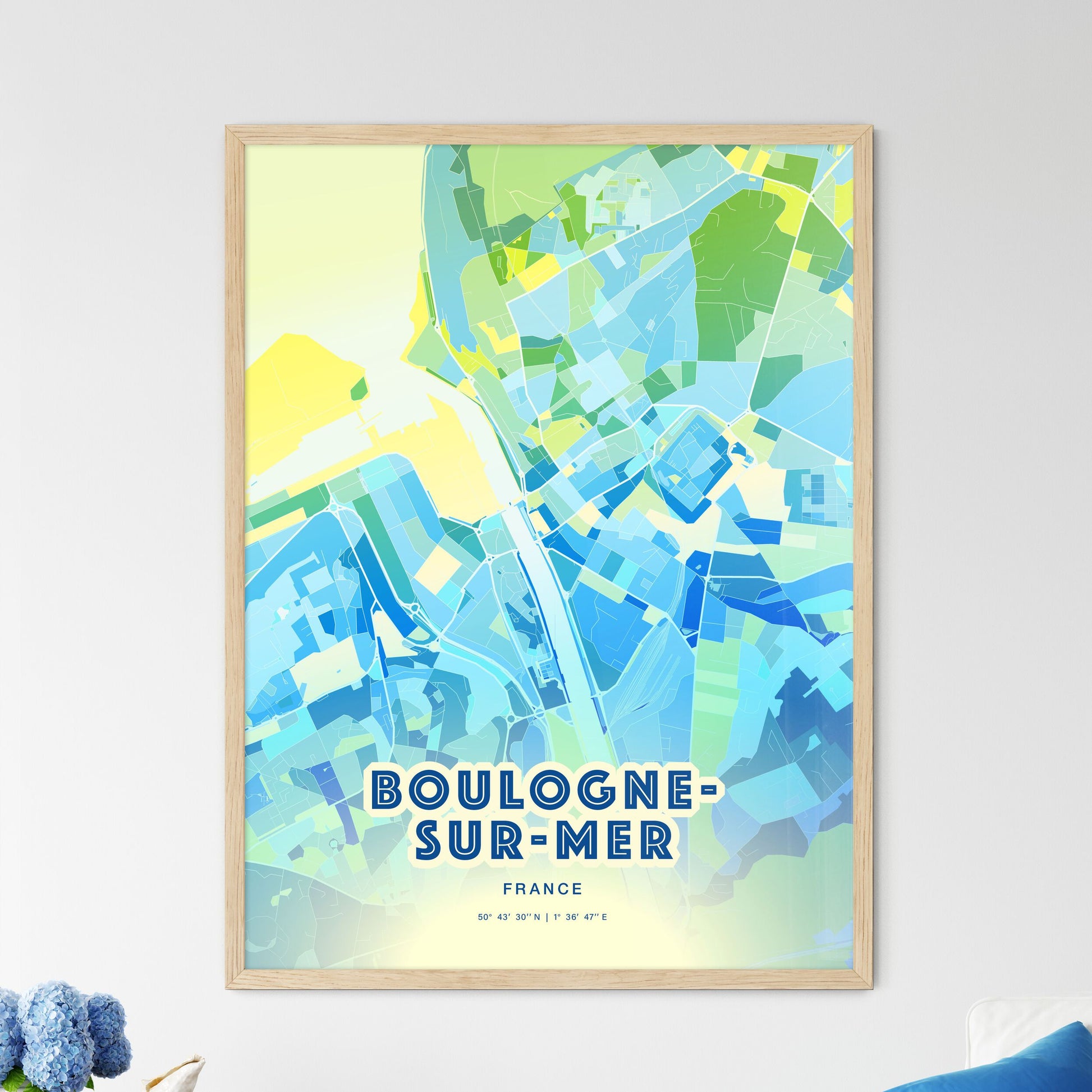 Colorful BOULOGNE-SUR-MER FRANCE Fine Art Map Cool Blue