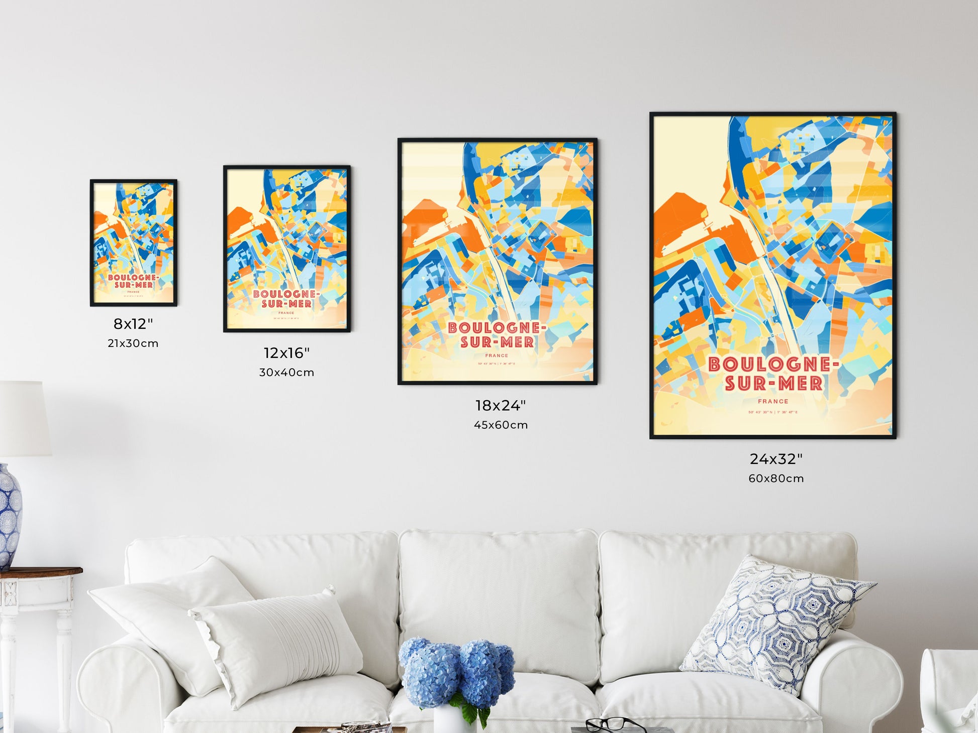 Colorful BOULOGNE-SUR-MER FRANCE Fine Art Map Blue Orange