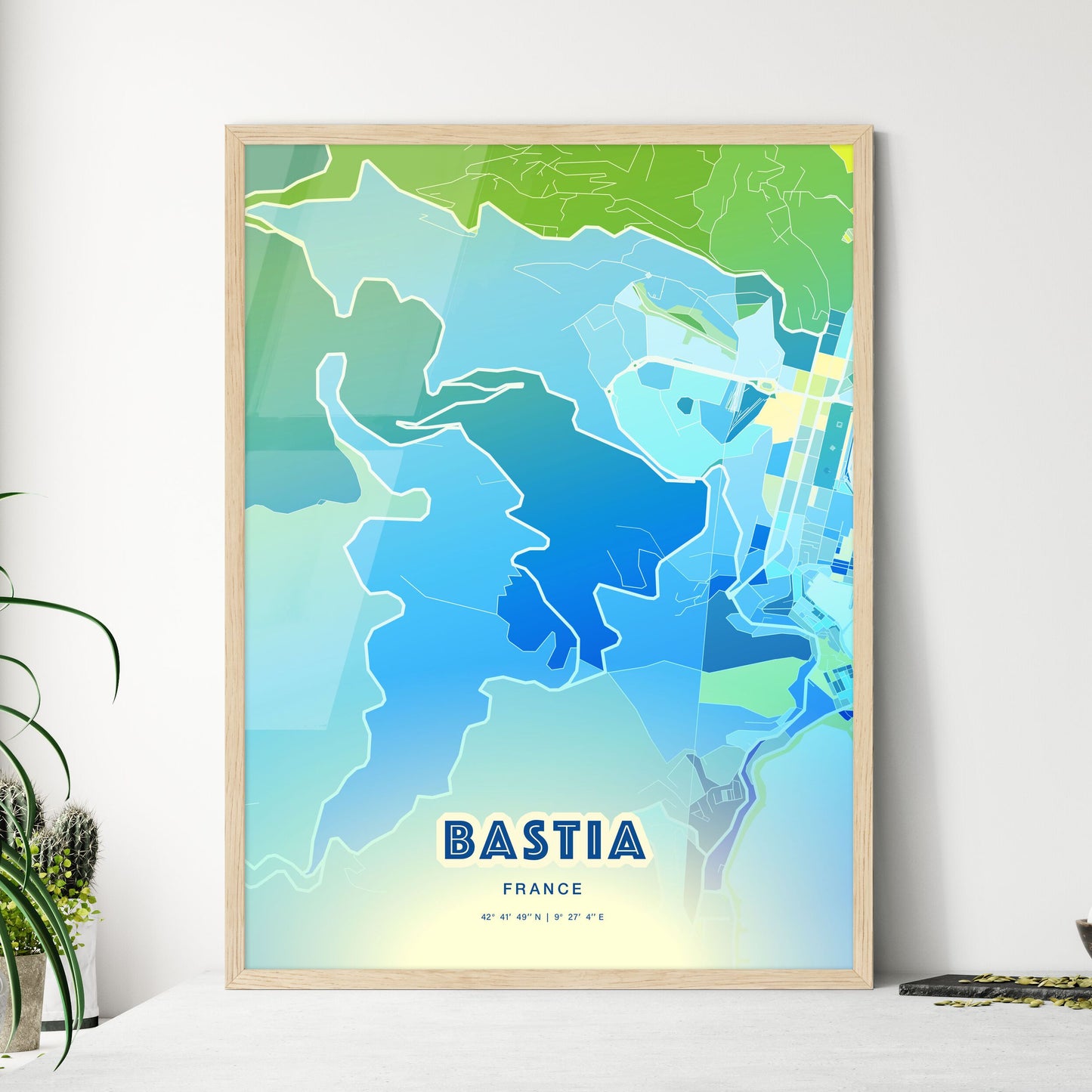 Colorful BASTIA FRANCE Fine Art Map Cool Blue