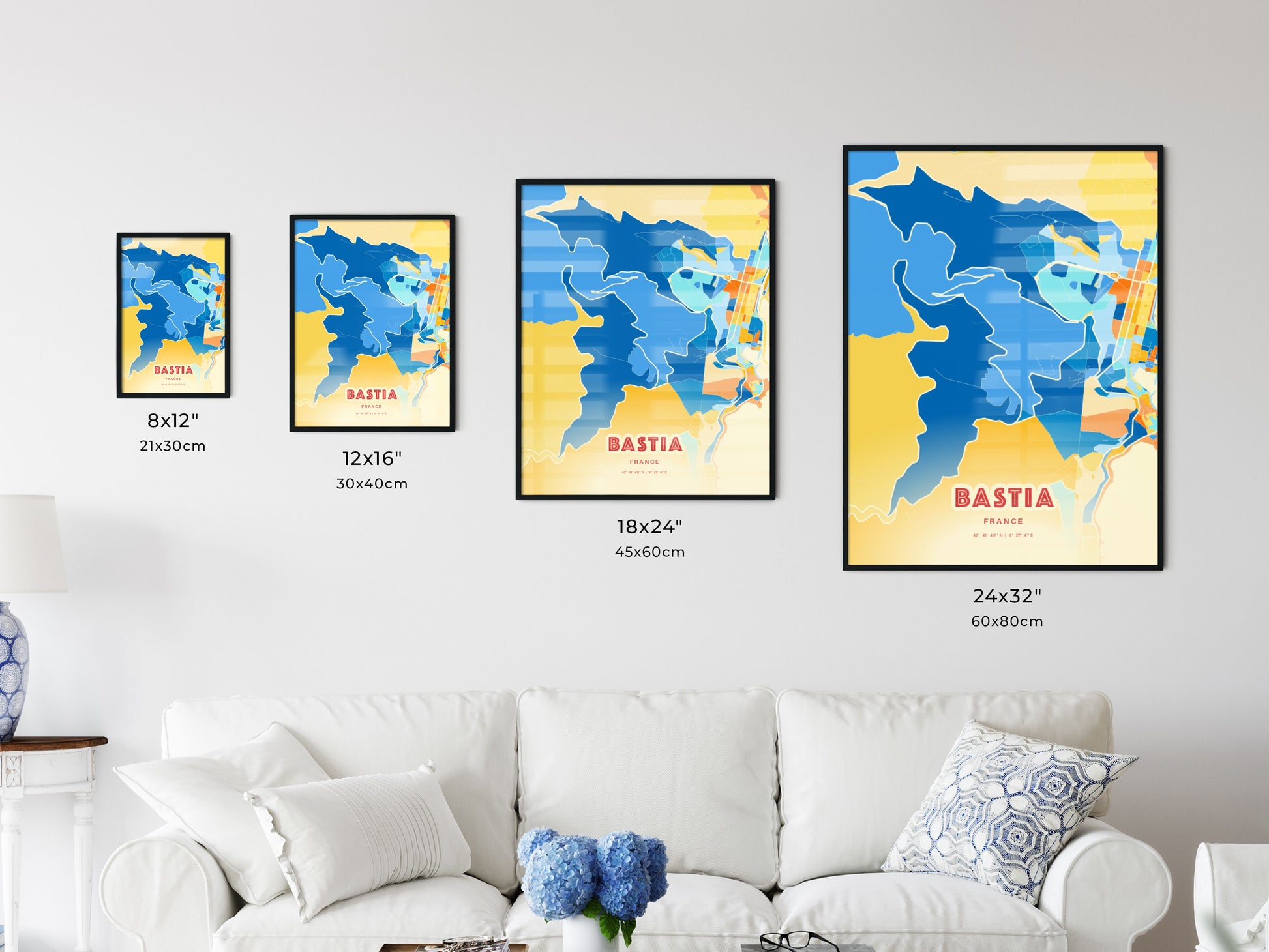 Colorful BASTIA FRANCE Fine Art Map Blue Orange