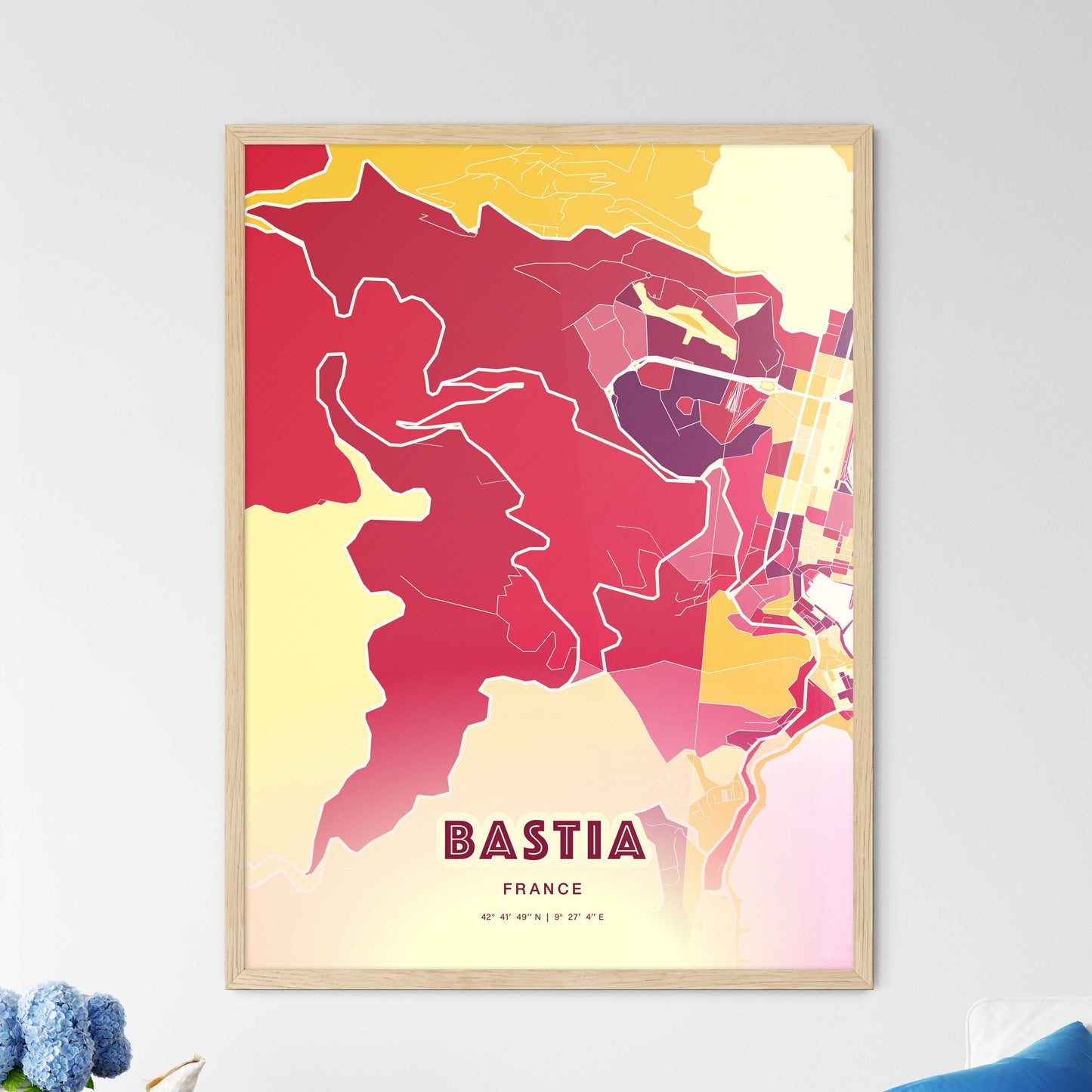 Colorful BASTIA FRANCE Fine Art Map Hot Red