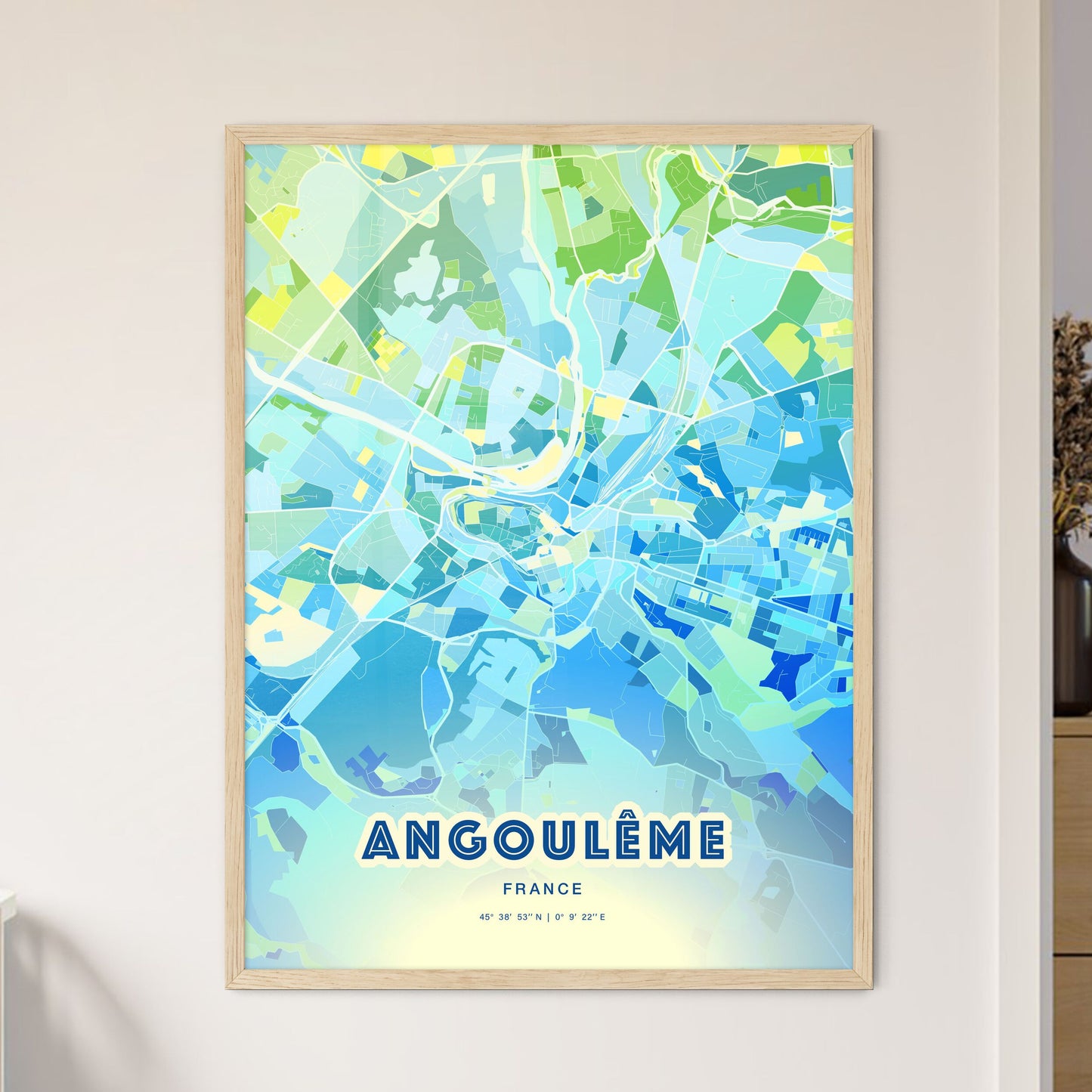 Colorful ANGOULÊME FRANCE Fine Art Map Cool Blue