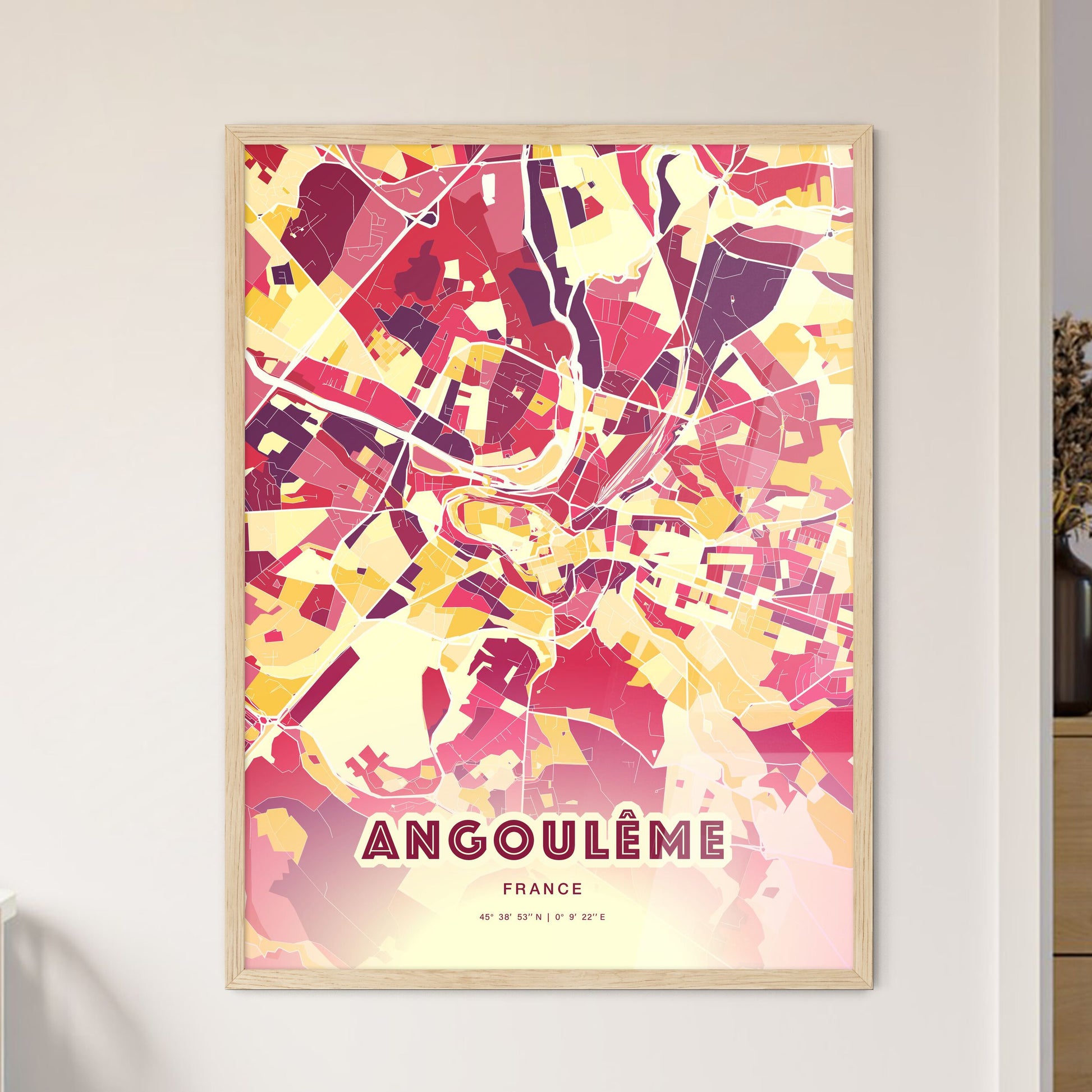 Colorful ANGOULÊME FRANCE Fine Art Map Hot Red