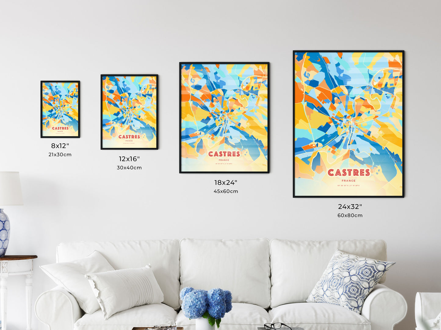 Colorful CASTRES FRANCE Fine Art Map Blue Orange