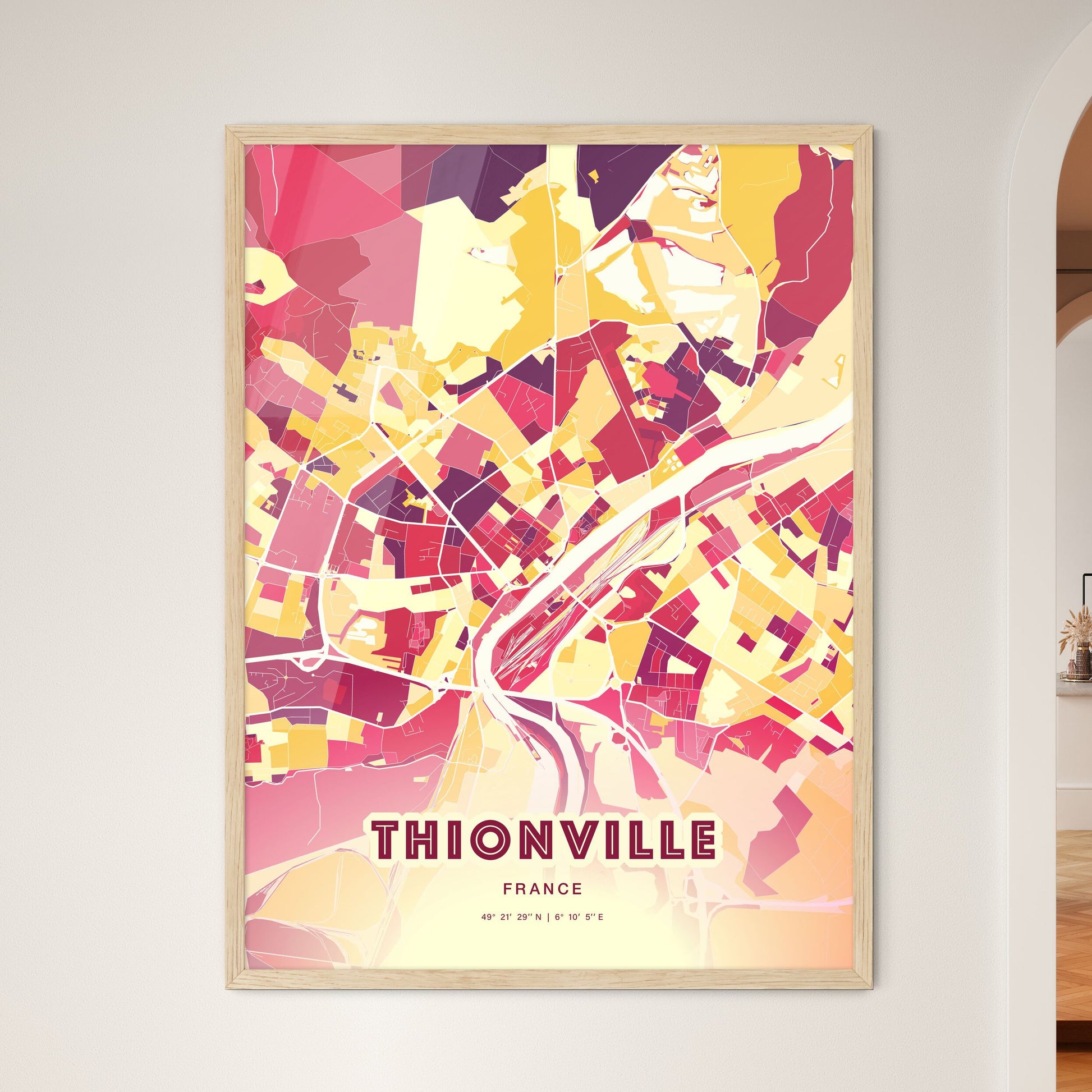 Colorful THIONVILLE FRANCE Fine Art Map Hot Red