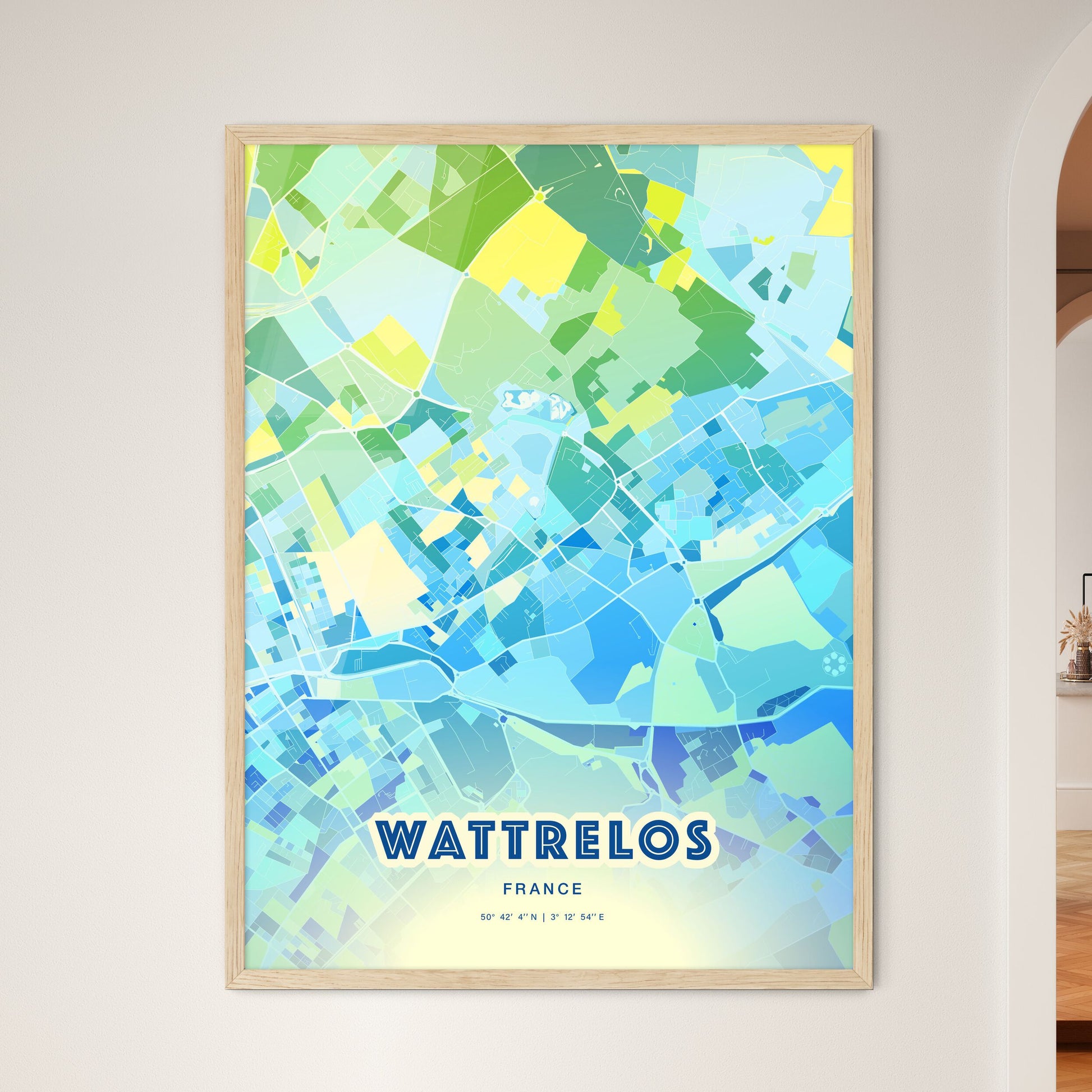 Colorful WATTRELOS FRANCE Fine Art Map Cool Blue