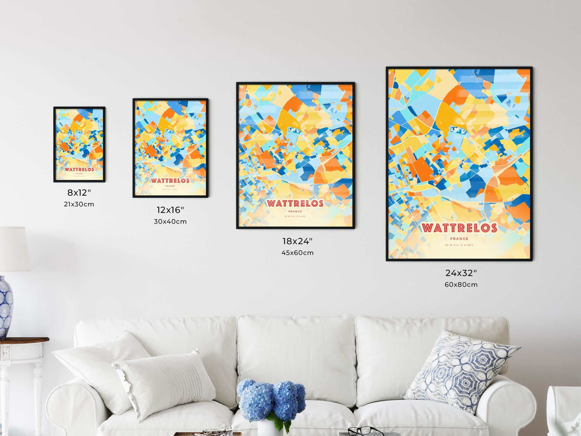 Colorful WATTRELOS FRANCE Fine Art Map Blue Orange