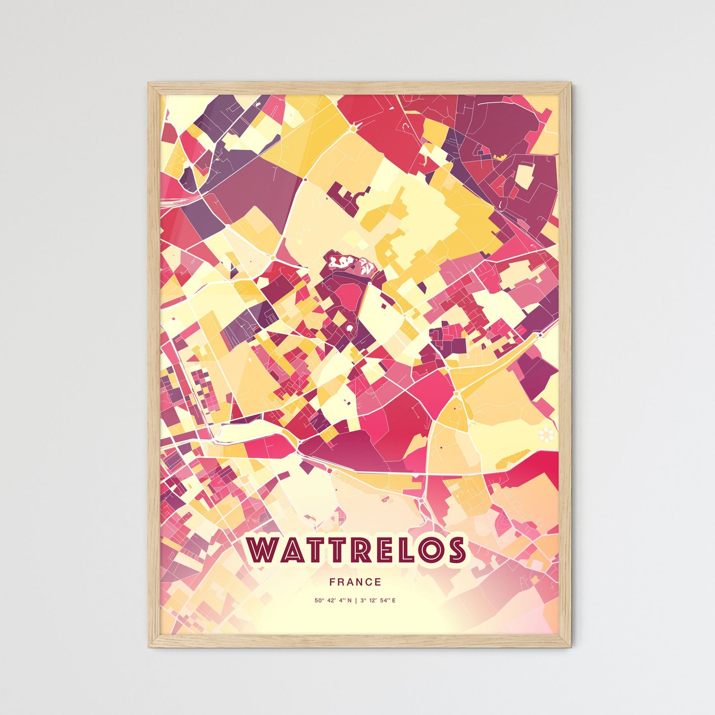 Colorful WATTRELOS FRANCE Fine Art Map Hot Red