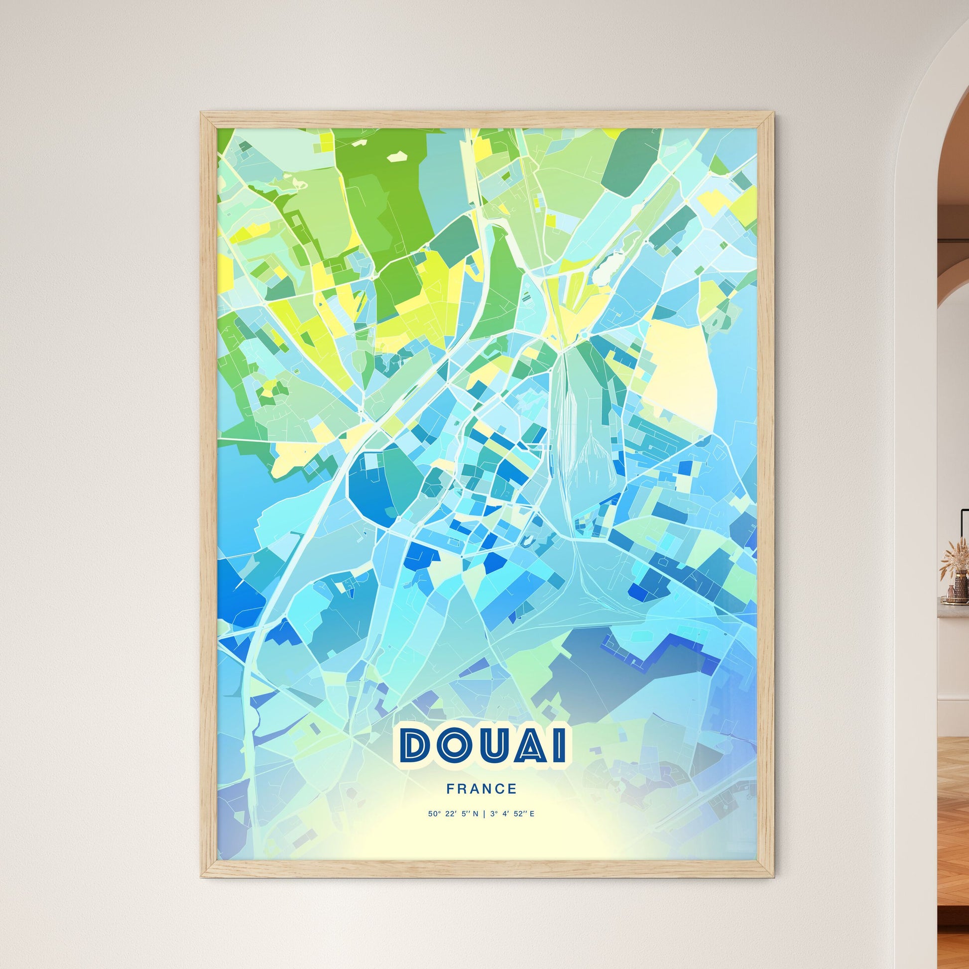 Colorful DOUAI FRANCE Fine Art Map Cool Blue