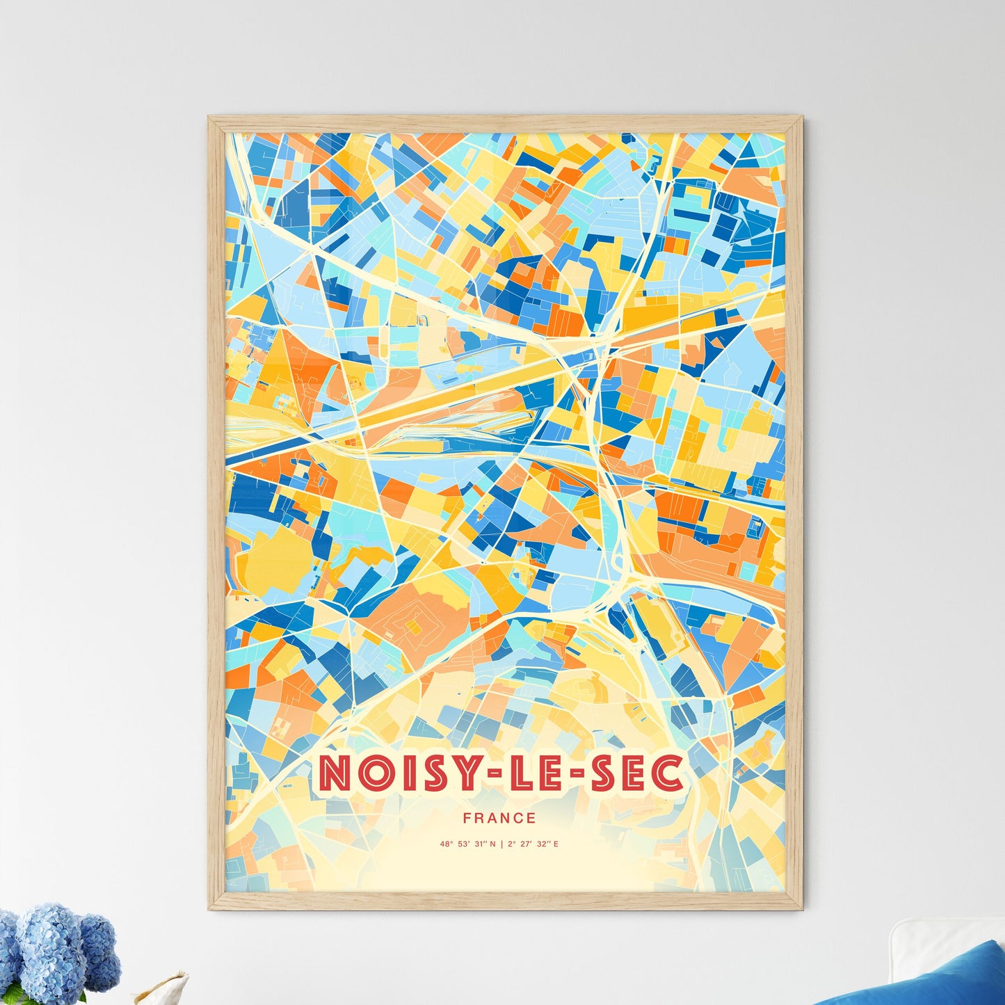 Colorful NOISY-LE-SEC FRANCE Fine Art Map Blue Orange