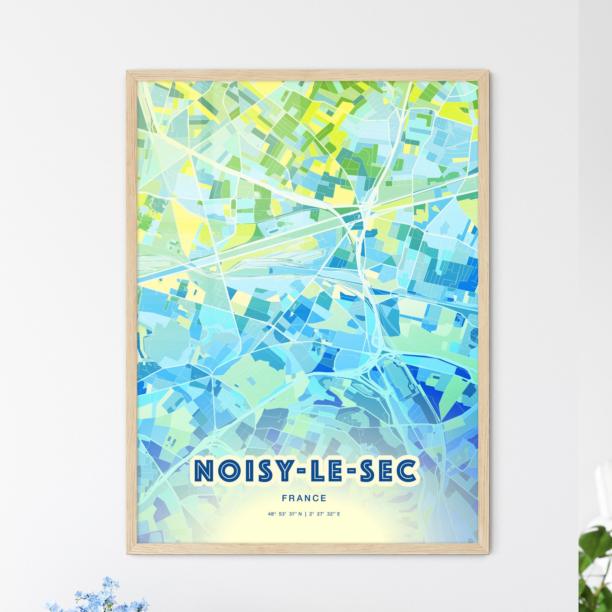 Colorful NOISY-LE-SEC FRANCE Fine Art Map Cool Blue