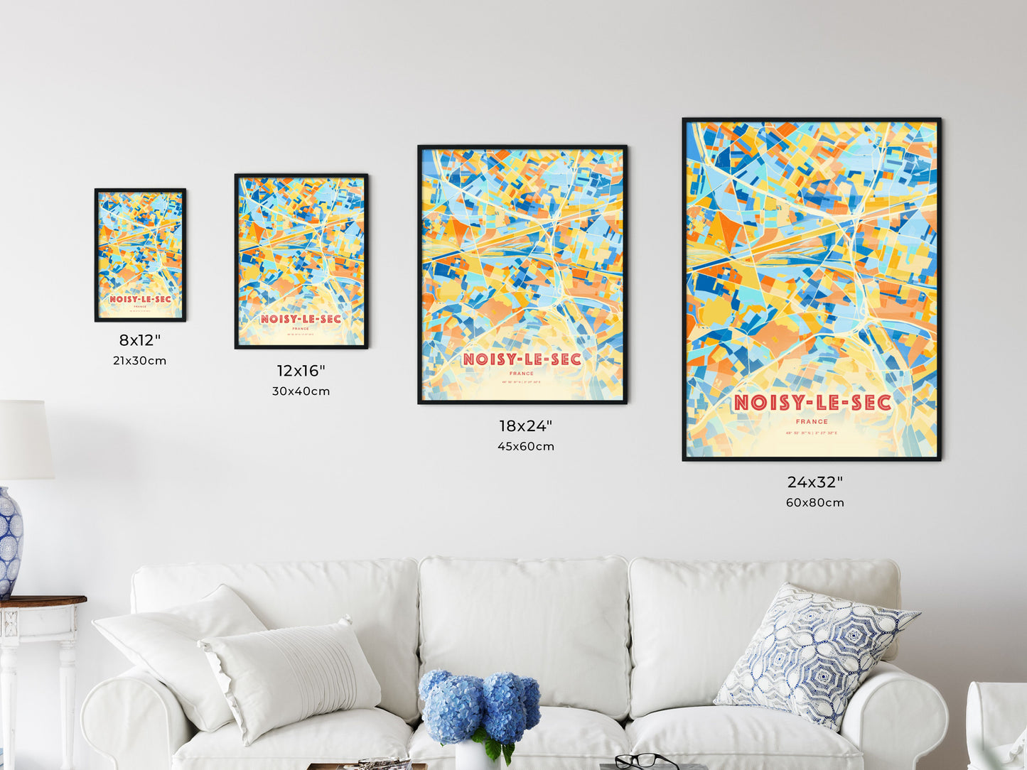 Colorful NOISY-LE-SEC FRANCE Fine Art Map Blue Orange