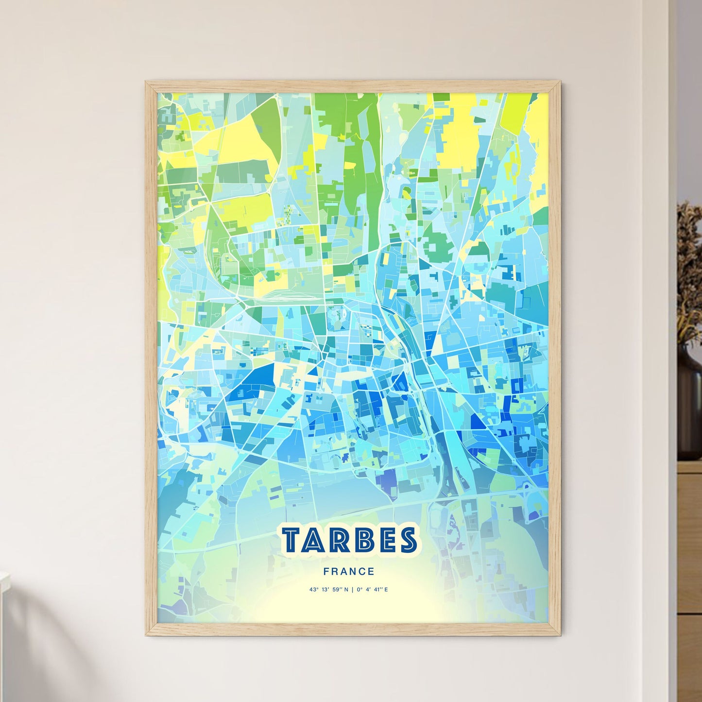 Colorful TARBES FRANCE Fine Art Map Cool Blue