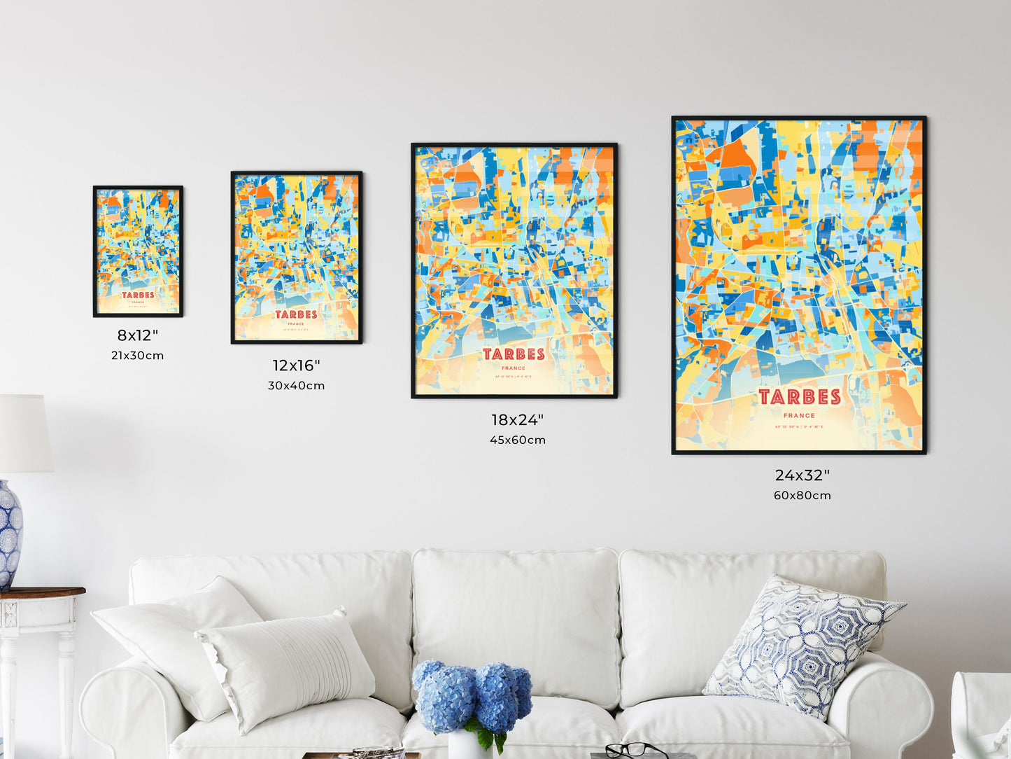 Colorful TARBES FRANCE Fine Art Map Blue Orange