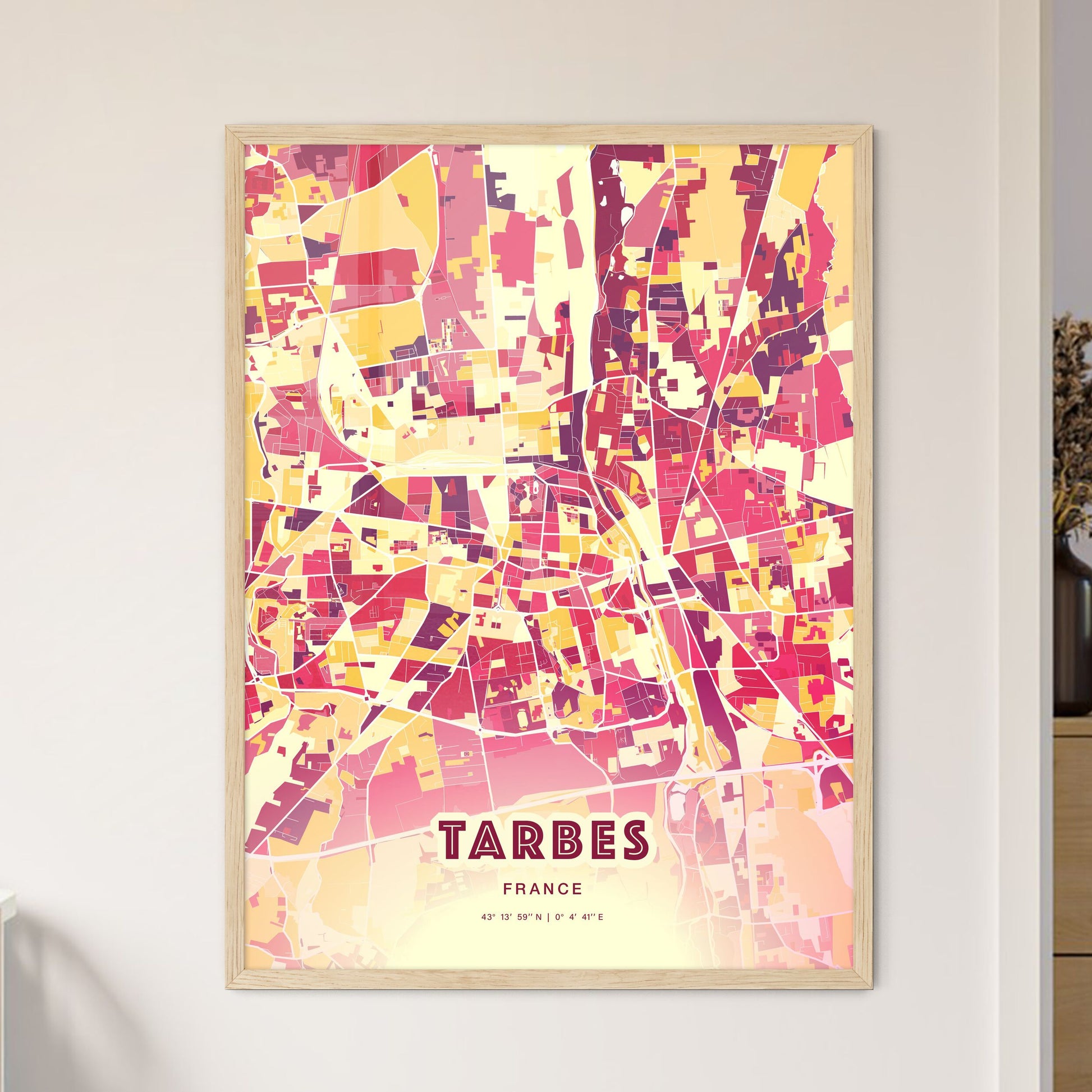 Colorful TARBES FRANCE Fine Art Map Hot Red