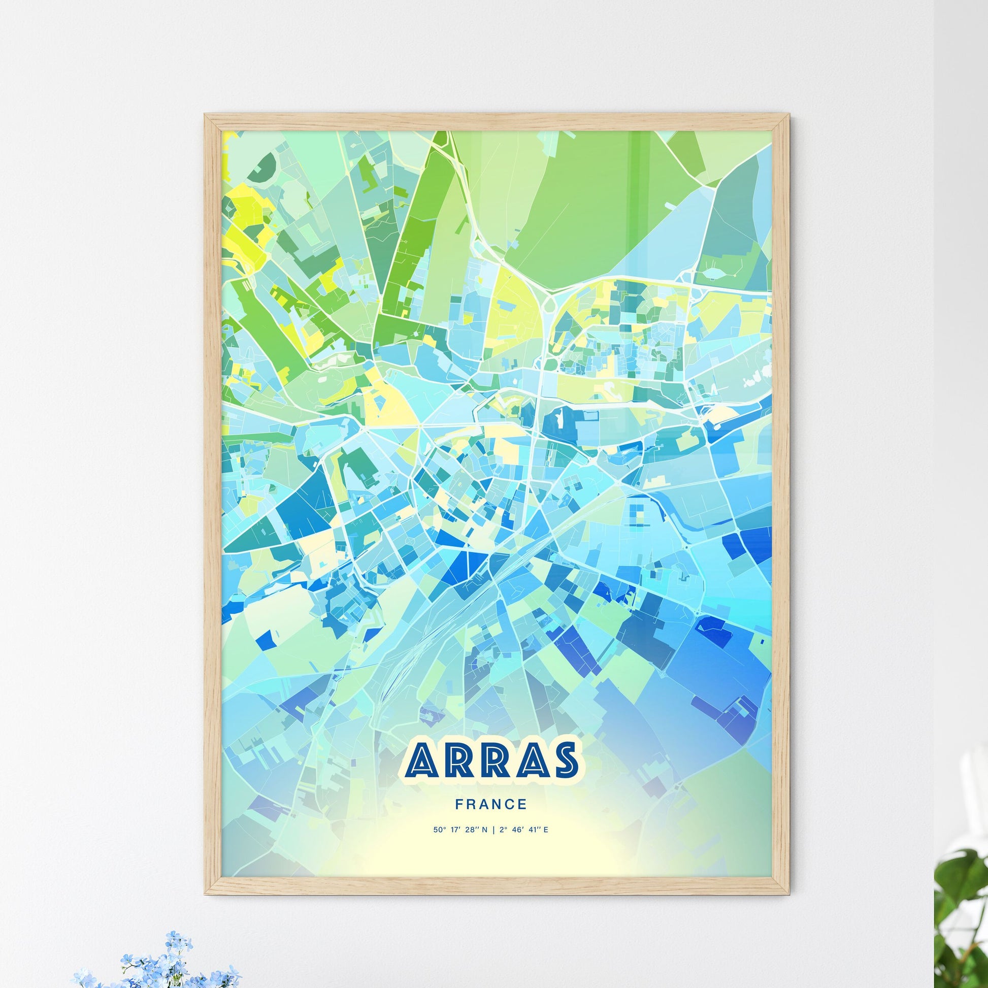 Colorful ARRAS FRANCE Fine Art Map Cool Blue