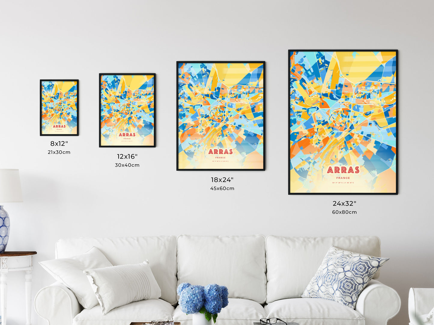 Colorful ARRAS FRANCE Fine Art Map Blue Orange