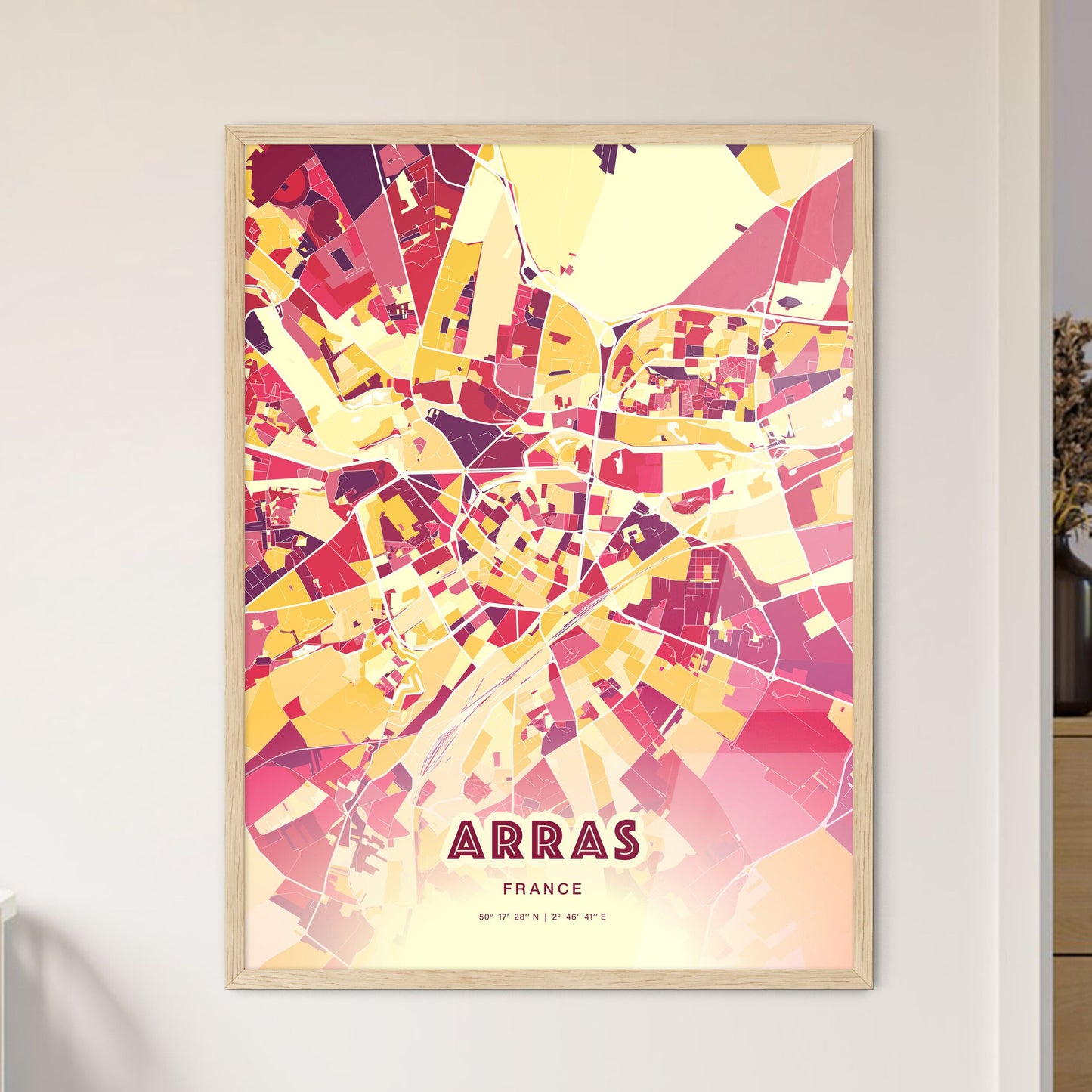 Colorful ARRAS FRANCE Fine Art Map Hot Red