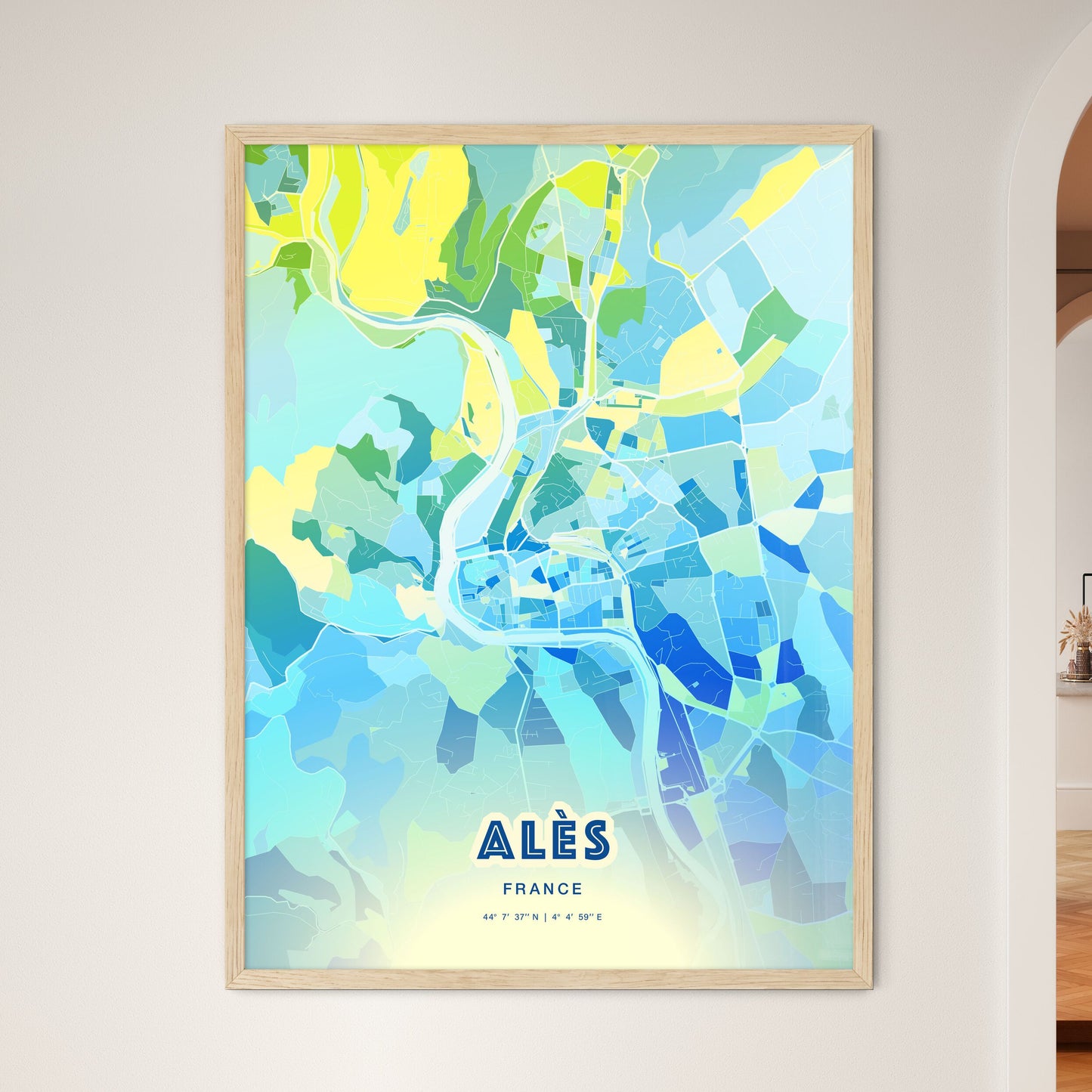 Colorful ALÈS FRANCE Fine Art Map Cool Blue