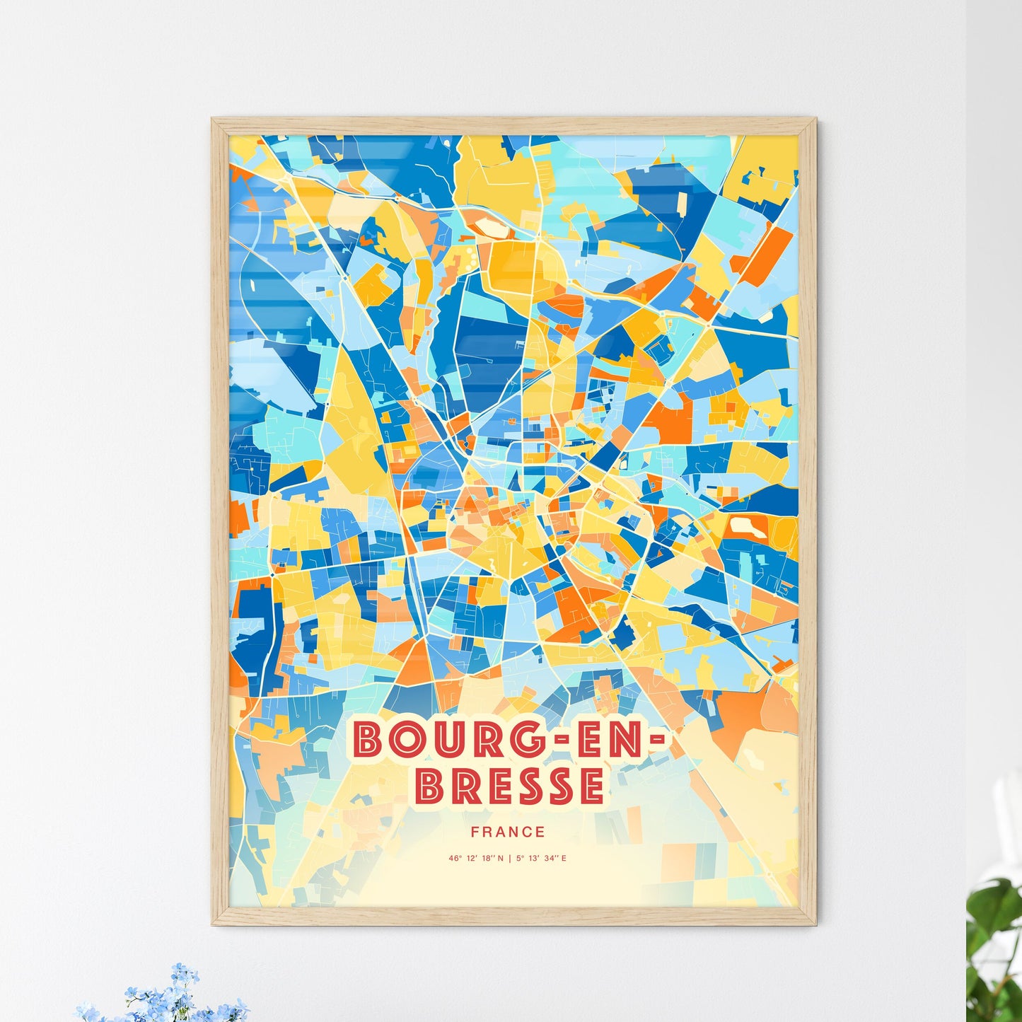 Colorful BOURG-EN-BRESSE FRANCE Fine Art Map Blue Orange