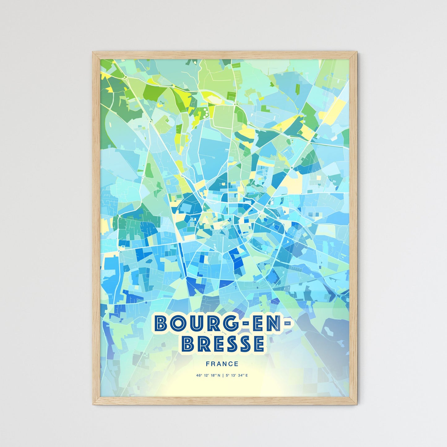 Colorful BOURG-EN-BRESSE FRANCE Fine Art Map Cool Blue