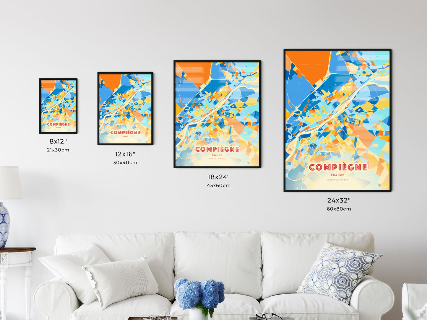 Colorful COMPIÈGNE FRANCE Fine Art Map Blue Orange