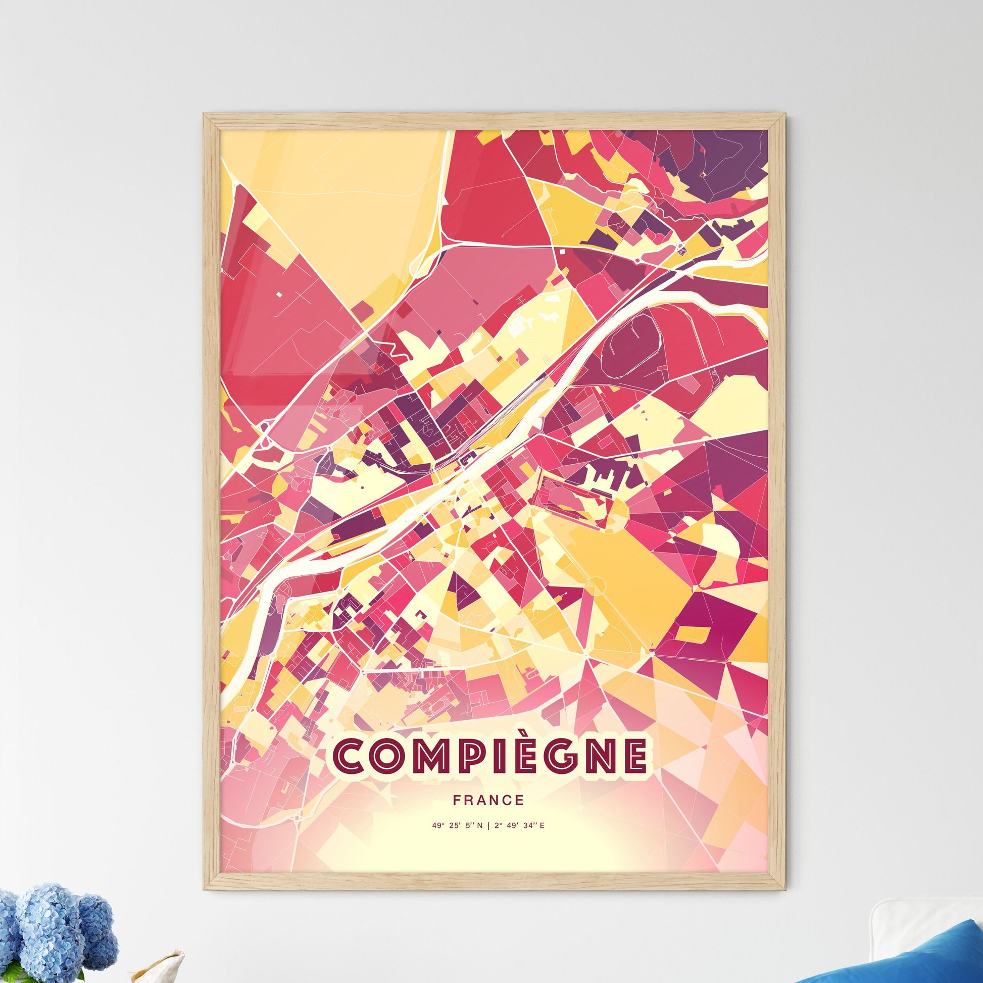 Colorful COMPIÈGNE FRANCE Fine Art Map Hot Red