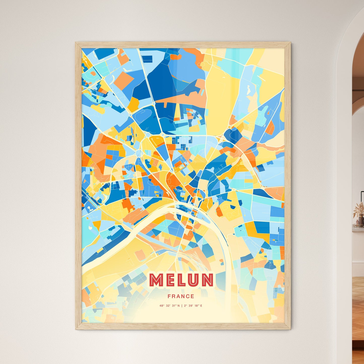 Colorful MELUN FRANCE Fine Art Map Blue Orange