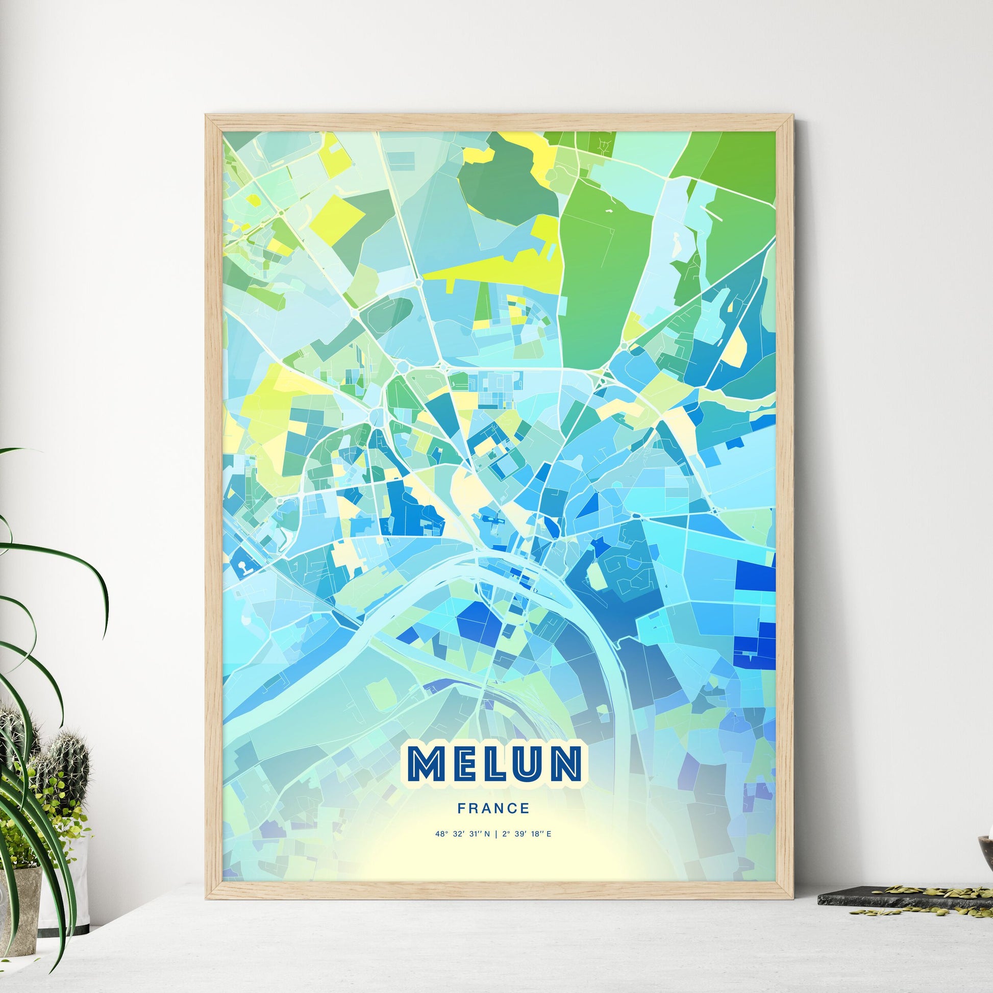 Colorful MELUN FRANCE Fine Art Map Cool Blue