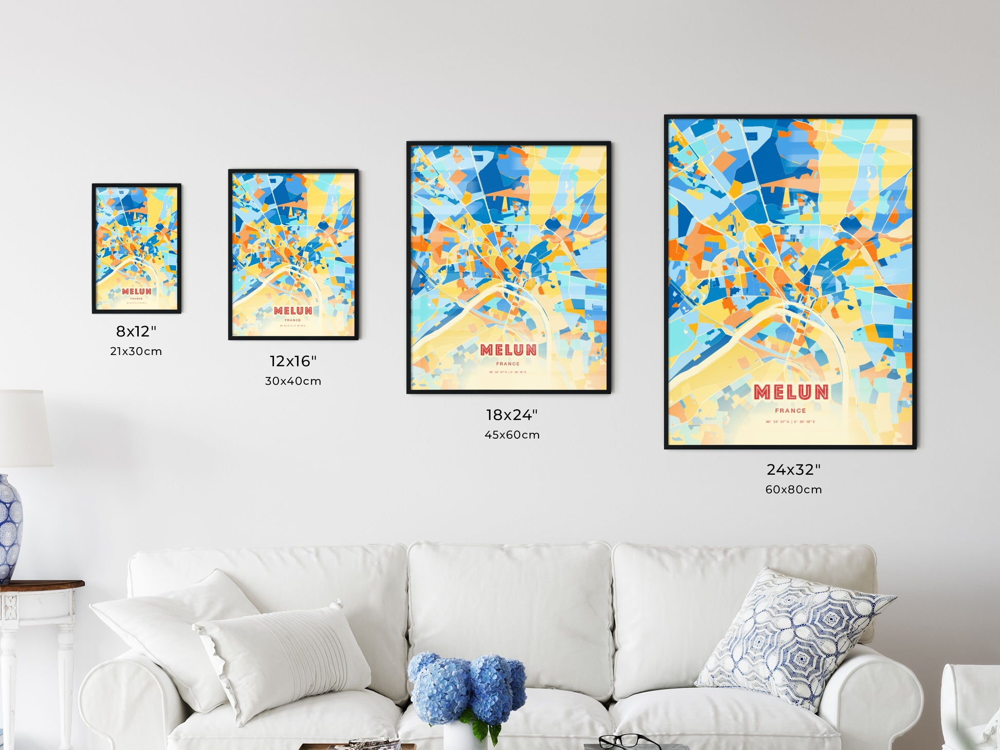 Colorful MELUN FRANCE Fine Art Map Blue Orange